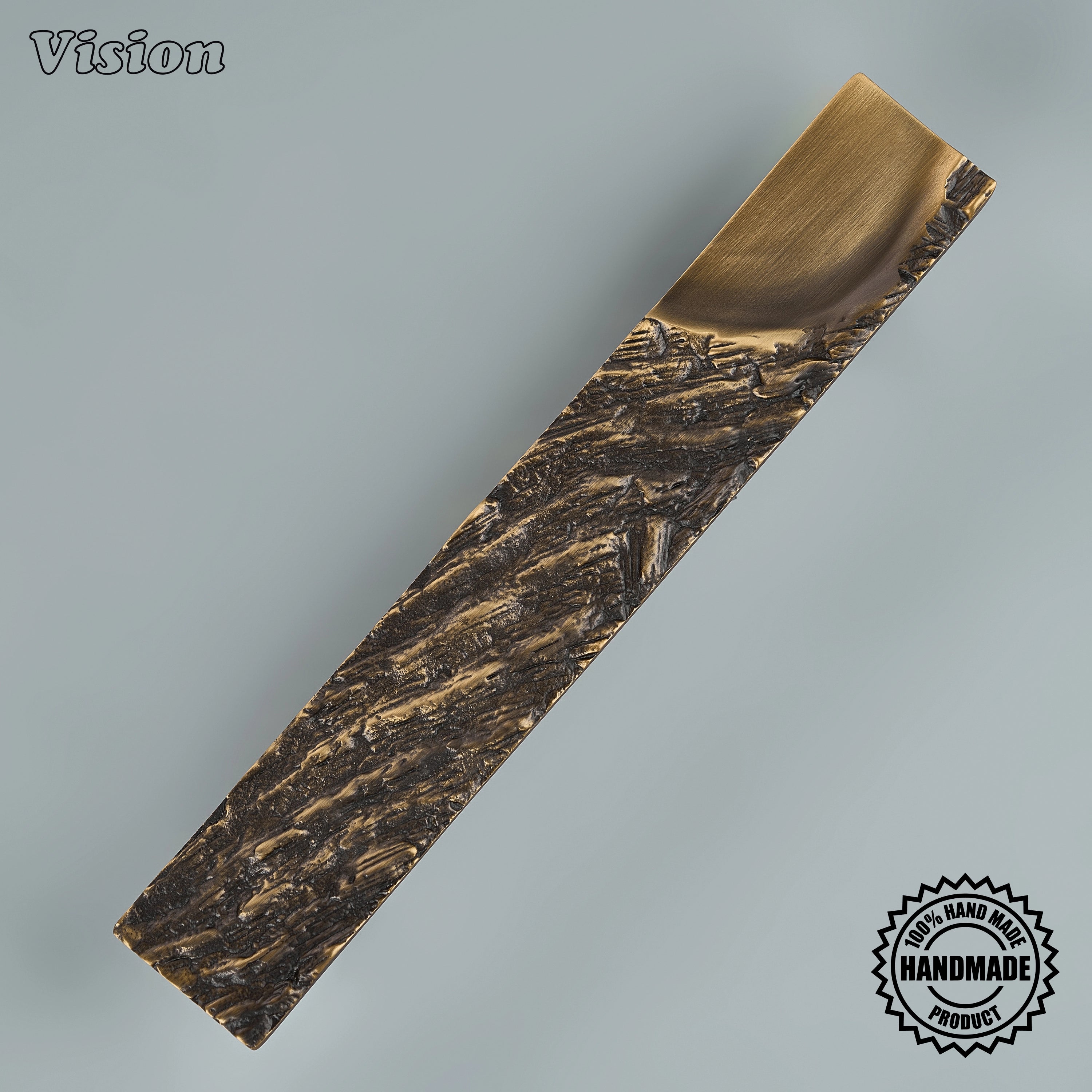 Handcrafted appliance pull in antique bronze finish featuring a carved organic bar for wardrobes