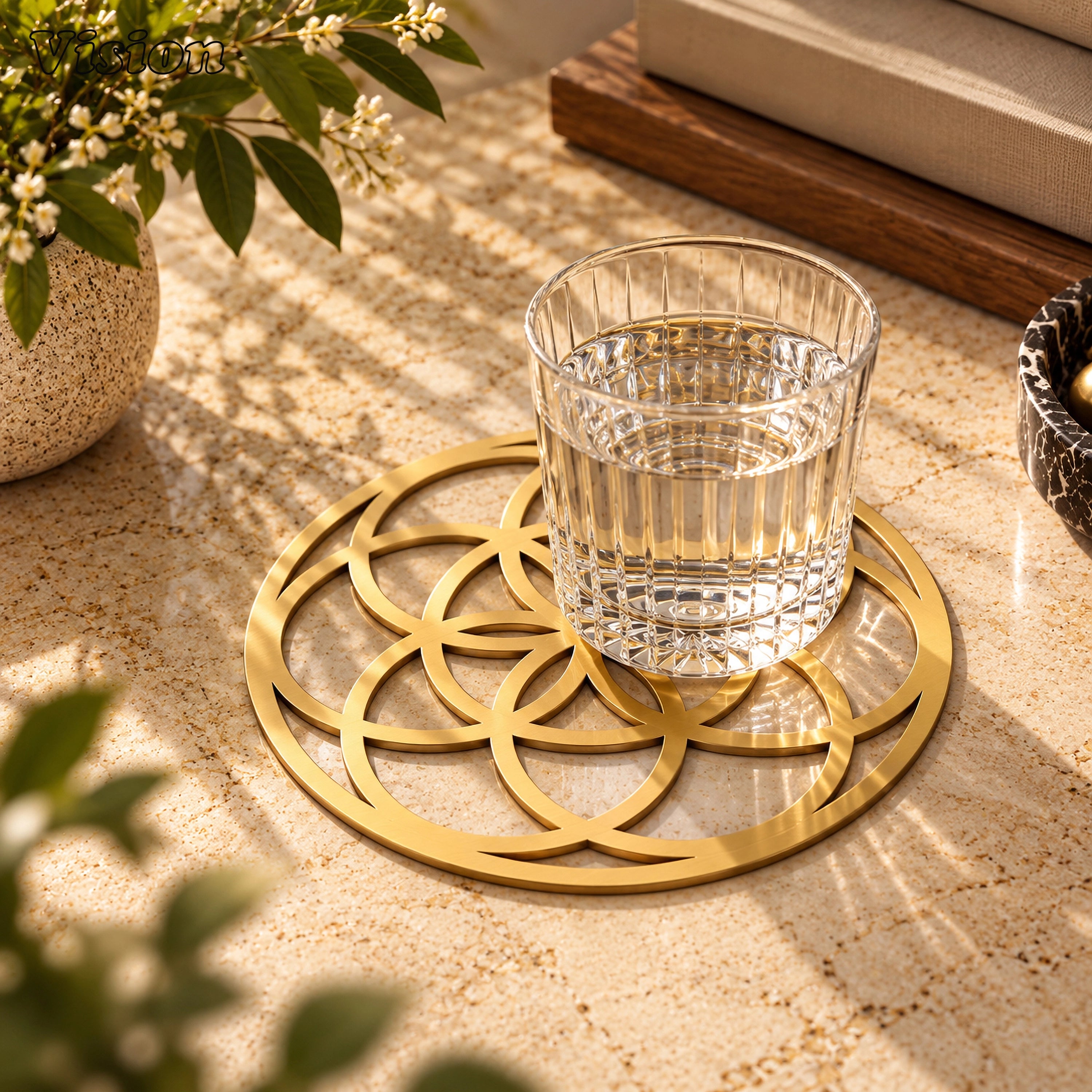Round gold tabletop coaster with Seed of Life geometric cutouts protecting a modern dining table