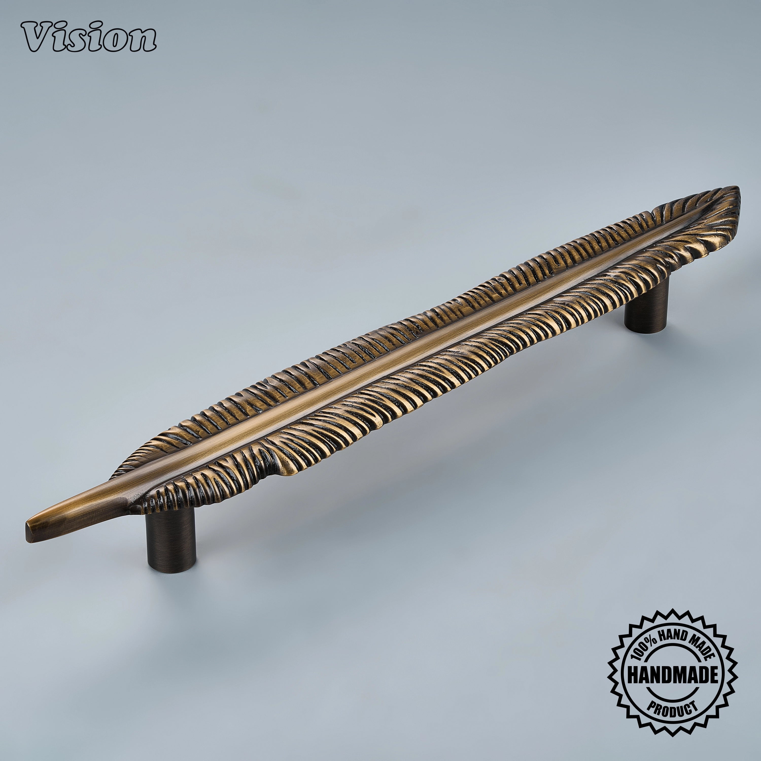 Antique Bronze handcrafted cabinet appliance pull with feather-inspired sculpted profile for luxury kitchen cabinets and appliances.
