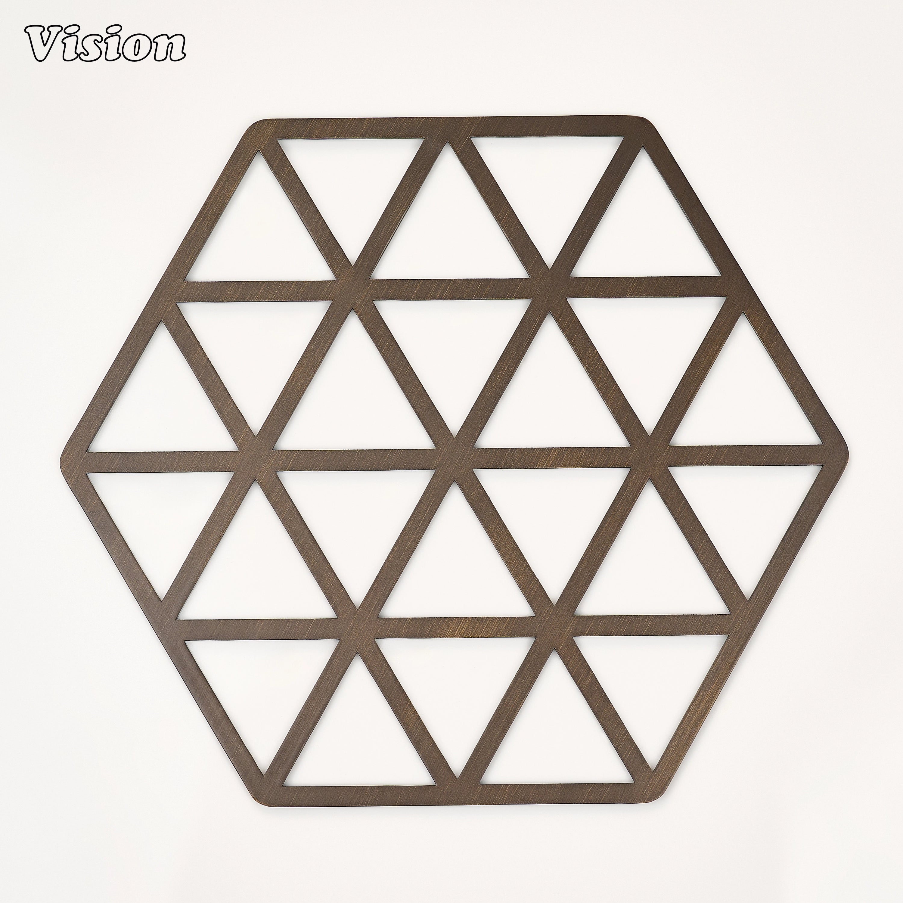 Antique Bronze solid brass hexagon coaster with precision-cut interlocking triangles on a dining table
