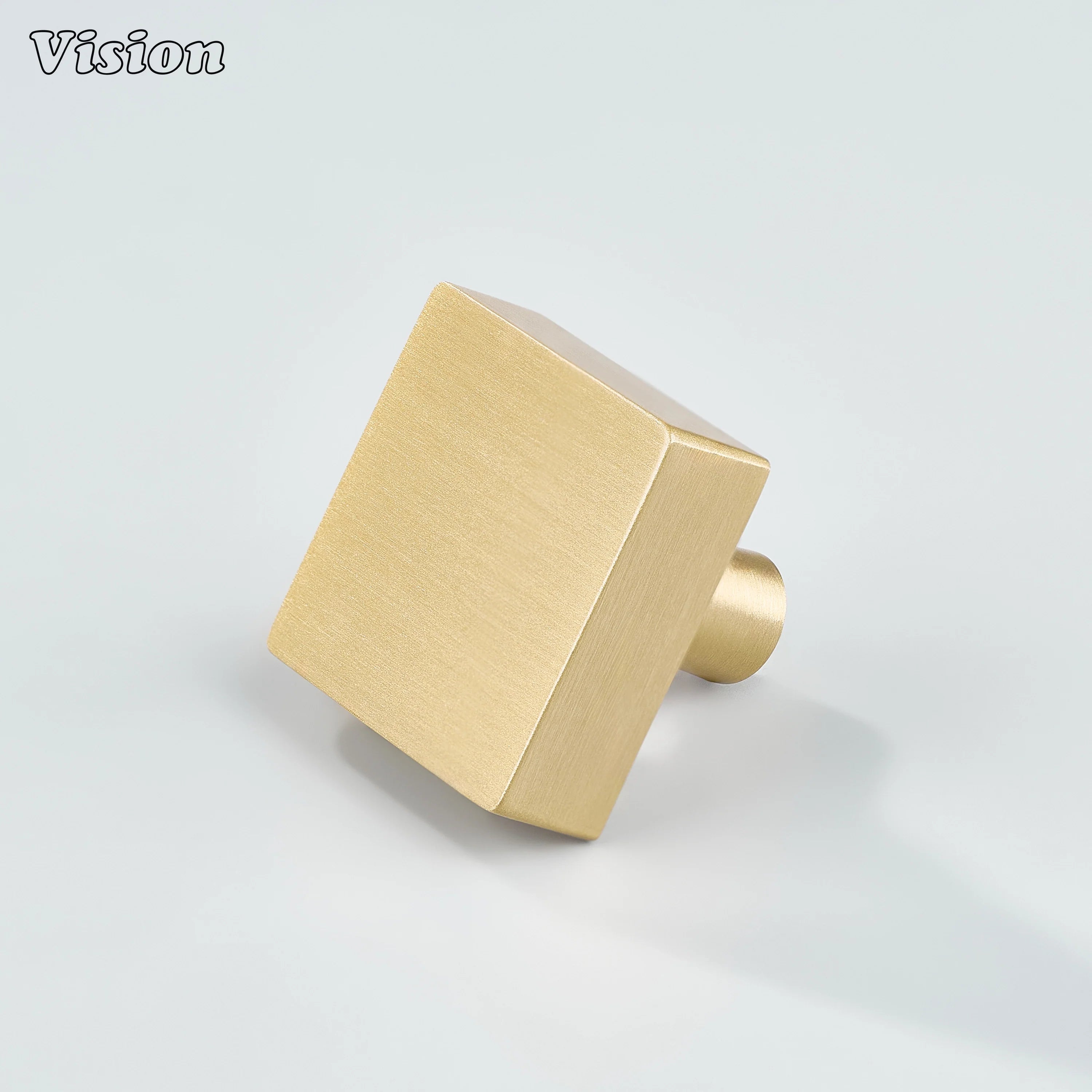 Gold square cabinet knob with plain flat top and cylindrical base for modern kitchen cabinets