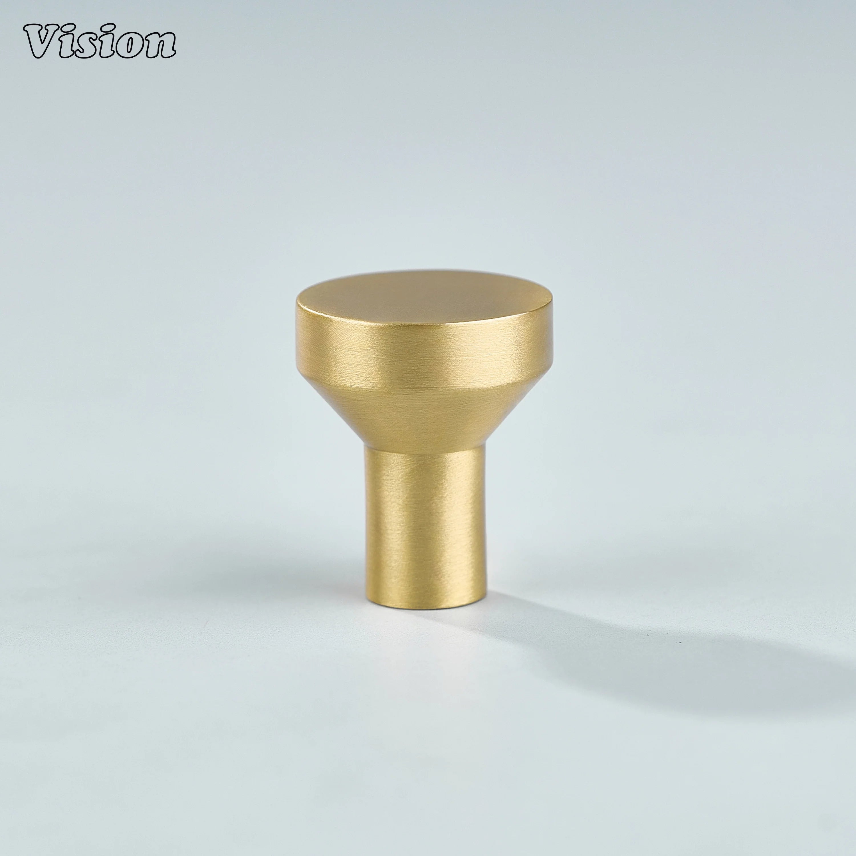 Small brass cabinet knob plain round profile in Gold finish with tapered cone body and cylindrical base for kitchen cabinets