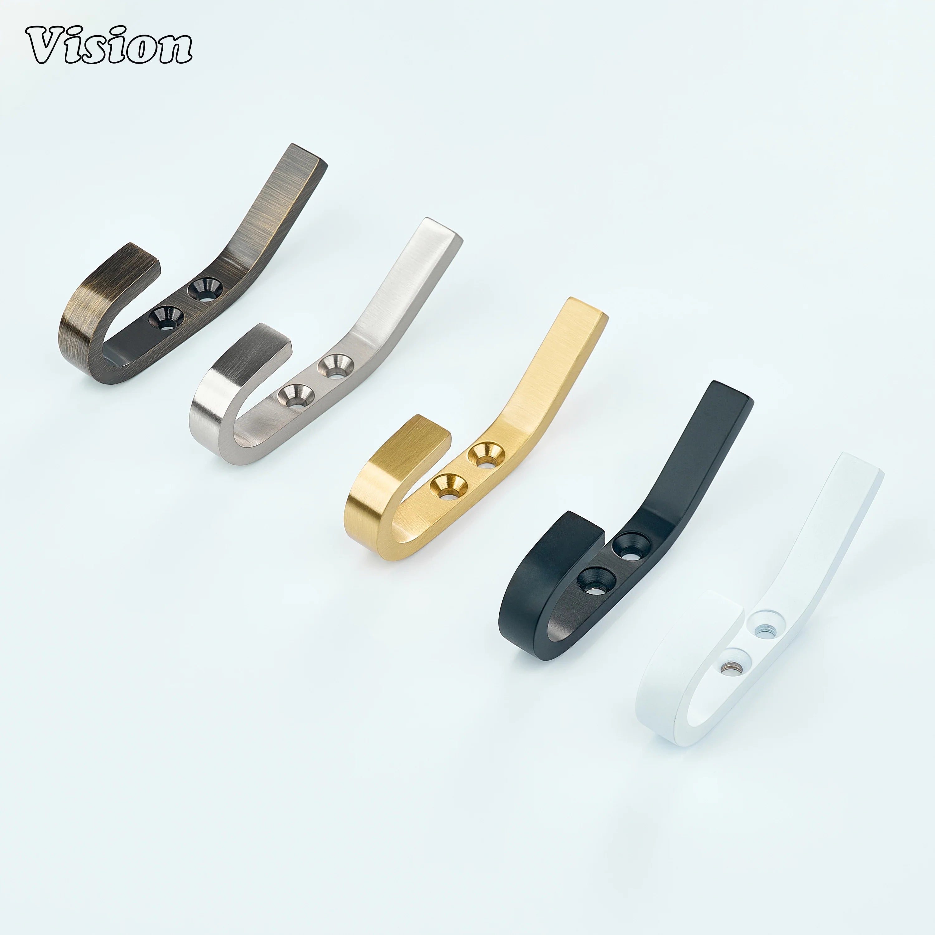 Black wall hook with flat brass arm and concealed screws for towel hanging