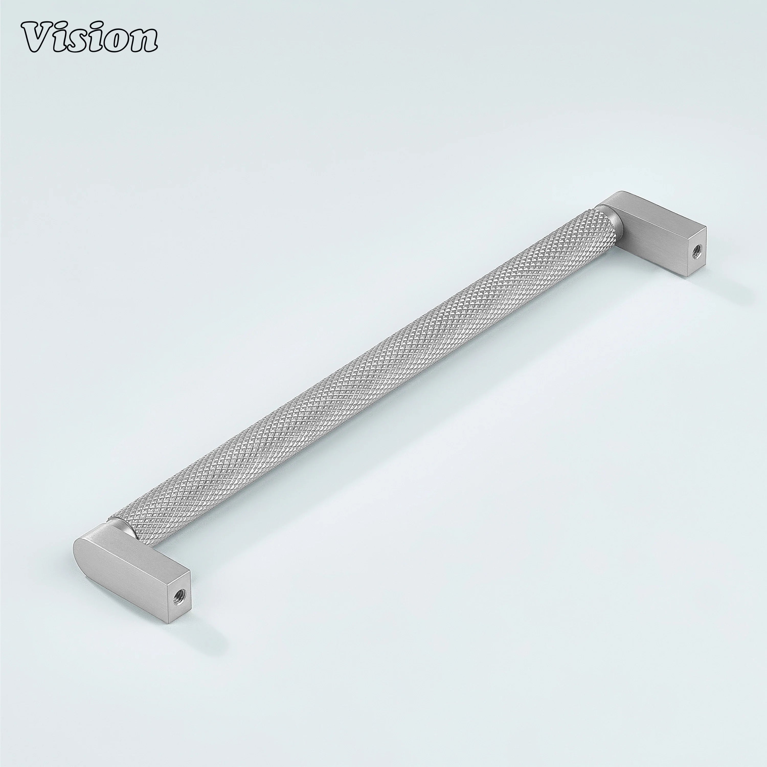 Silver ripple knurled cabinet handle fitted on bathroom cabinets.