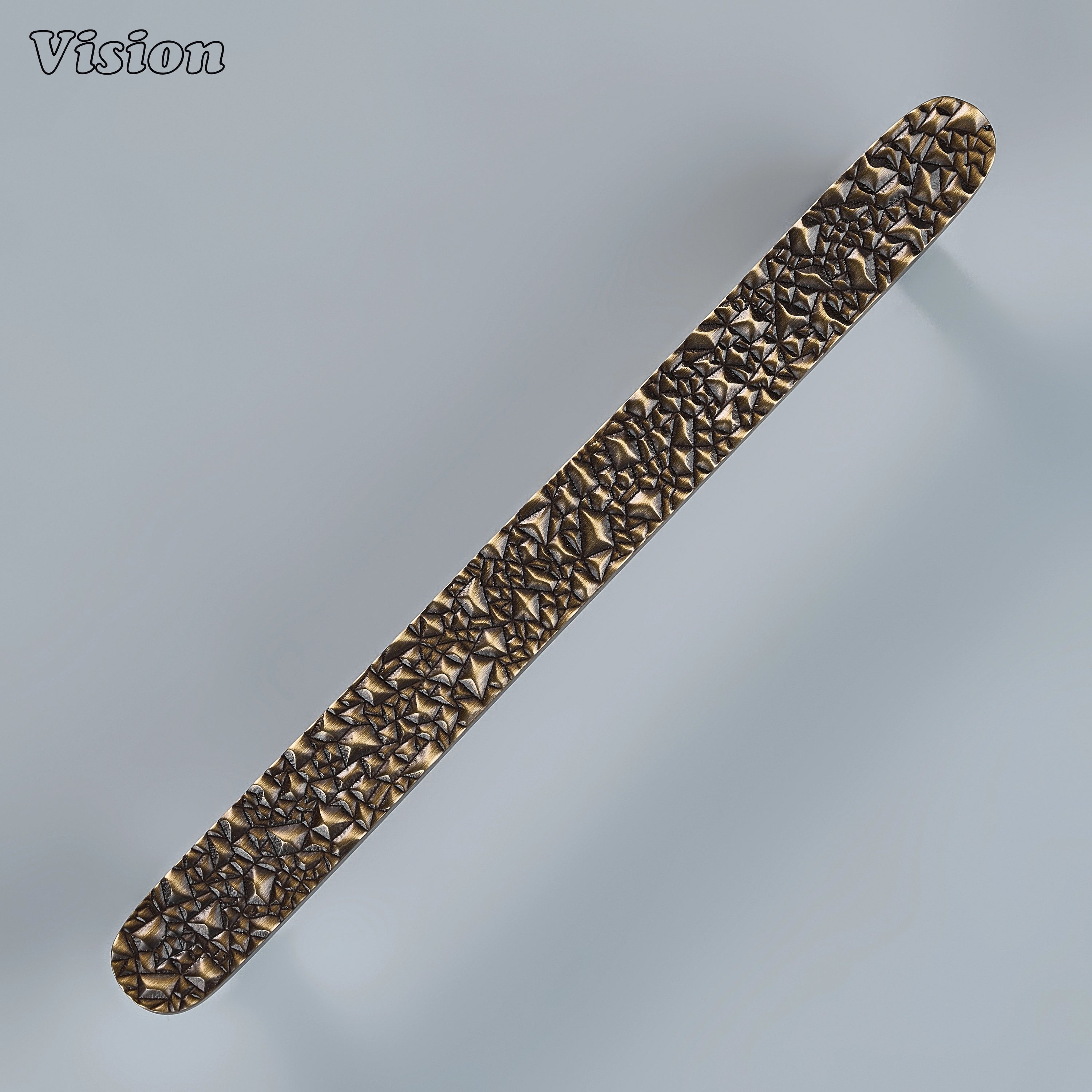 Solid brass antique bronze sculpted cabinet pull with heavily textured bar for luxury armoires