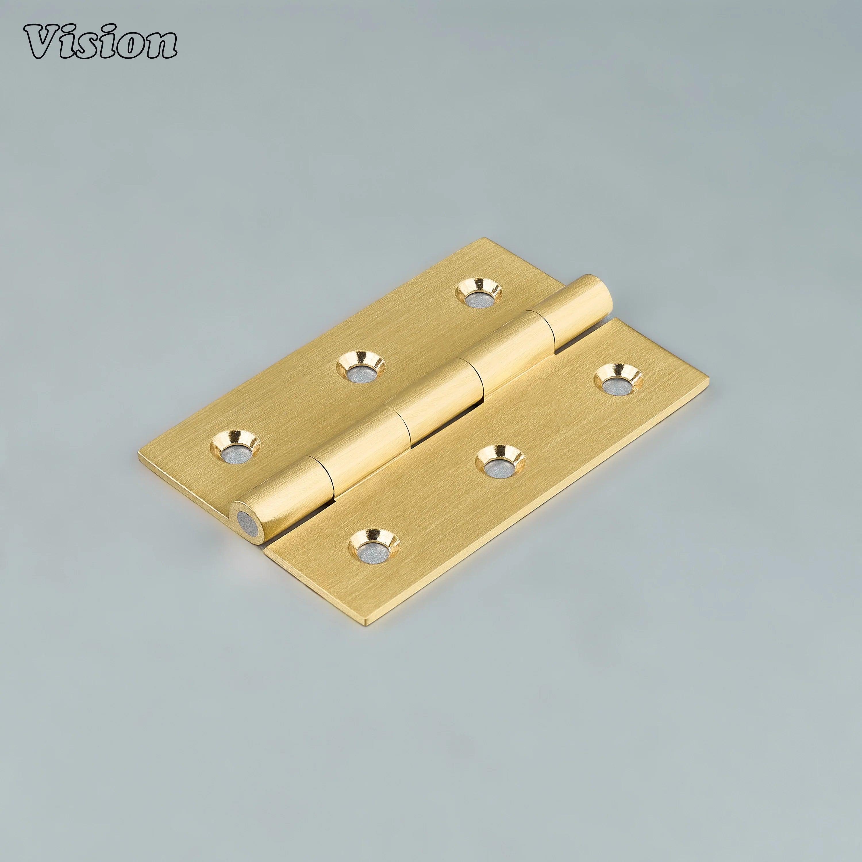 Brass cabinet hinge with plain profile in gold finish featuring wide rectangular plates for kitchen cabinets