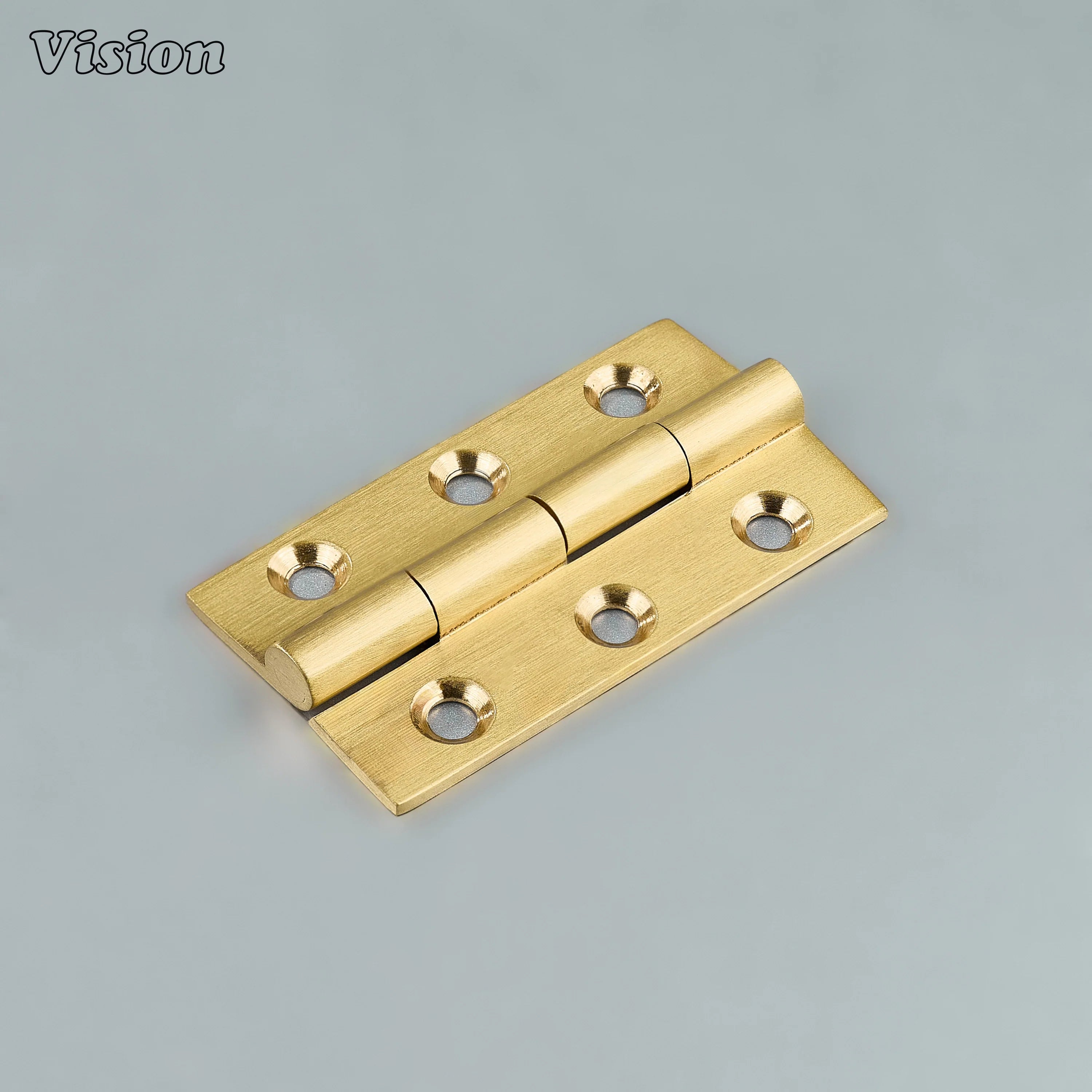 Small brass cabinet hinge in gold finish with plain rectangular leaves for kitchen cabinet doors