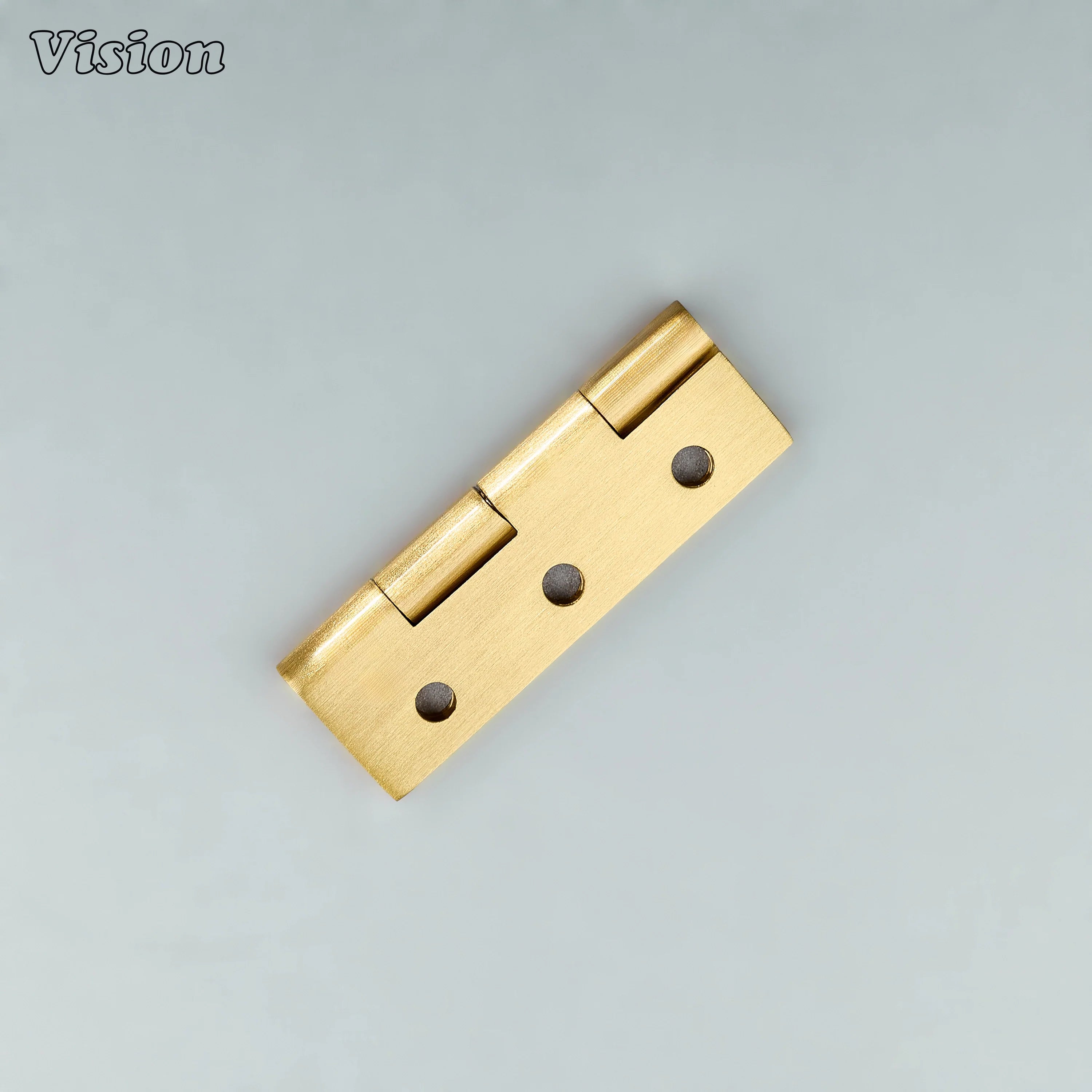 Compact gold cabinet hinge with flat rectangular plates for furniture doors