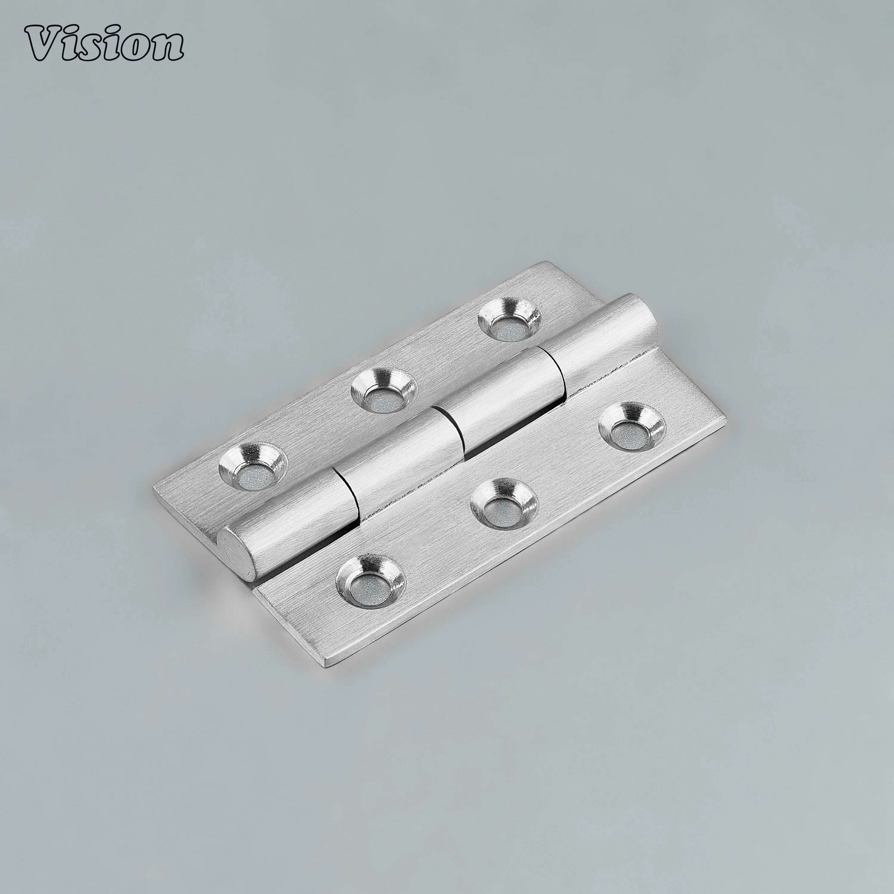 Small brass cabinet hinge in silver finish with rectangular leaf plates