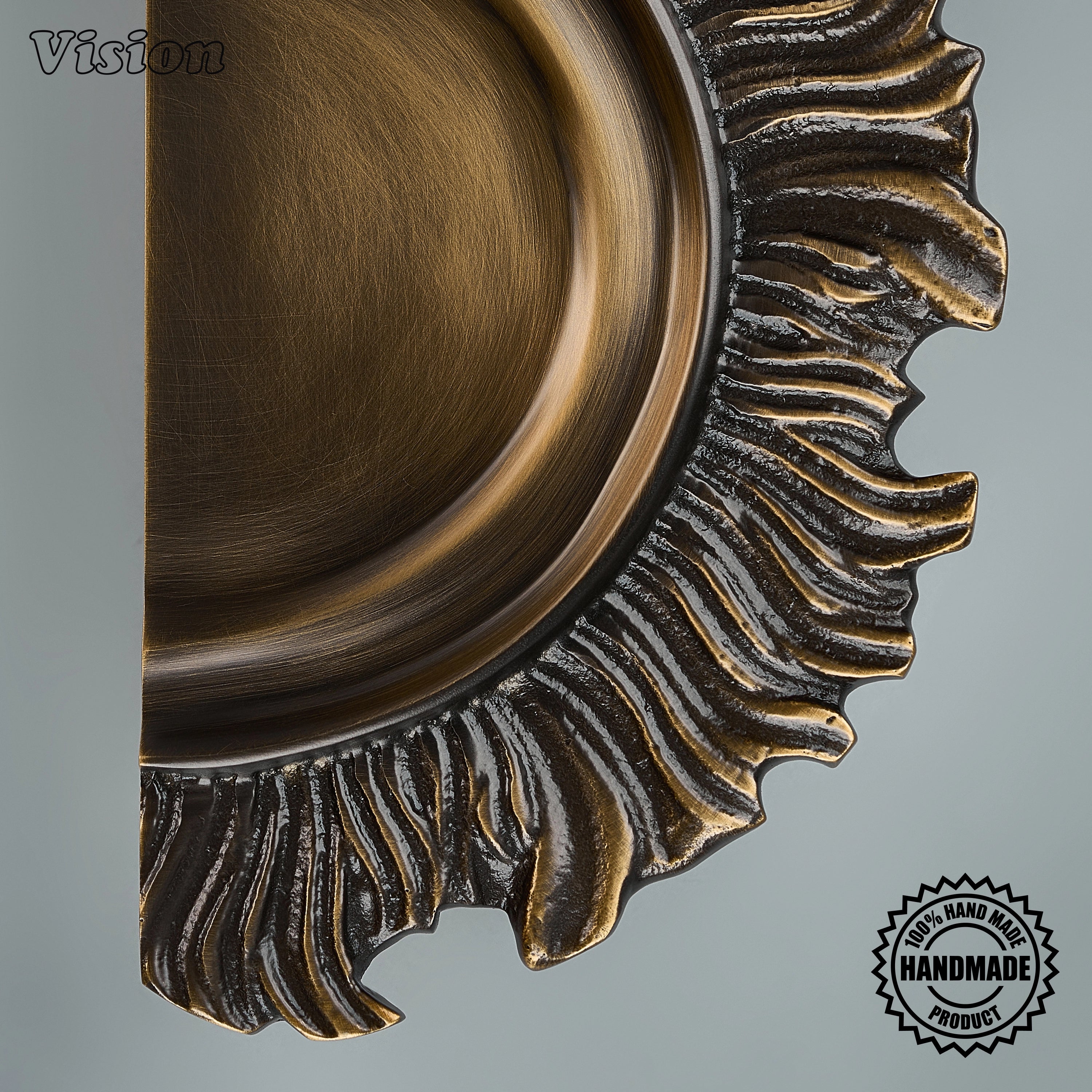 Antique Bronze handcrafted sculpted sunburst pull handle for oversized pivot doors and villas.