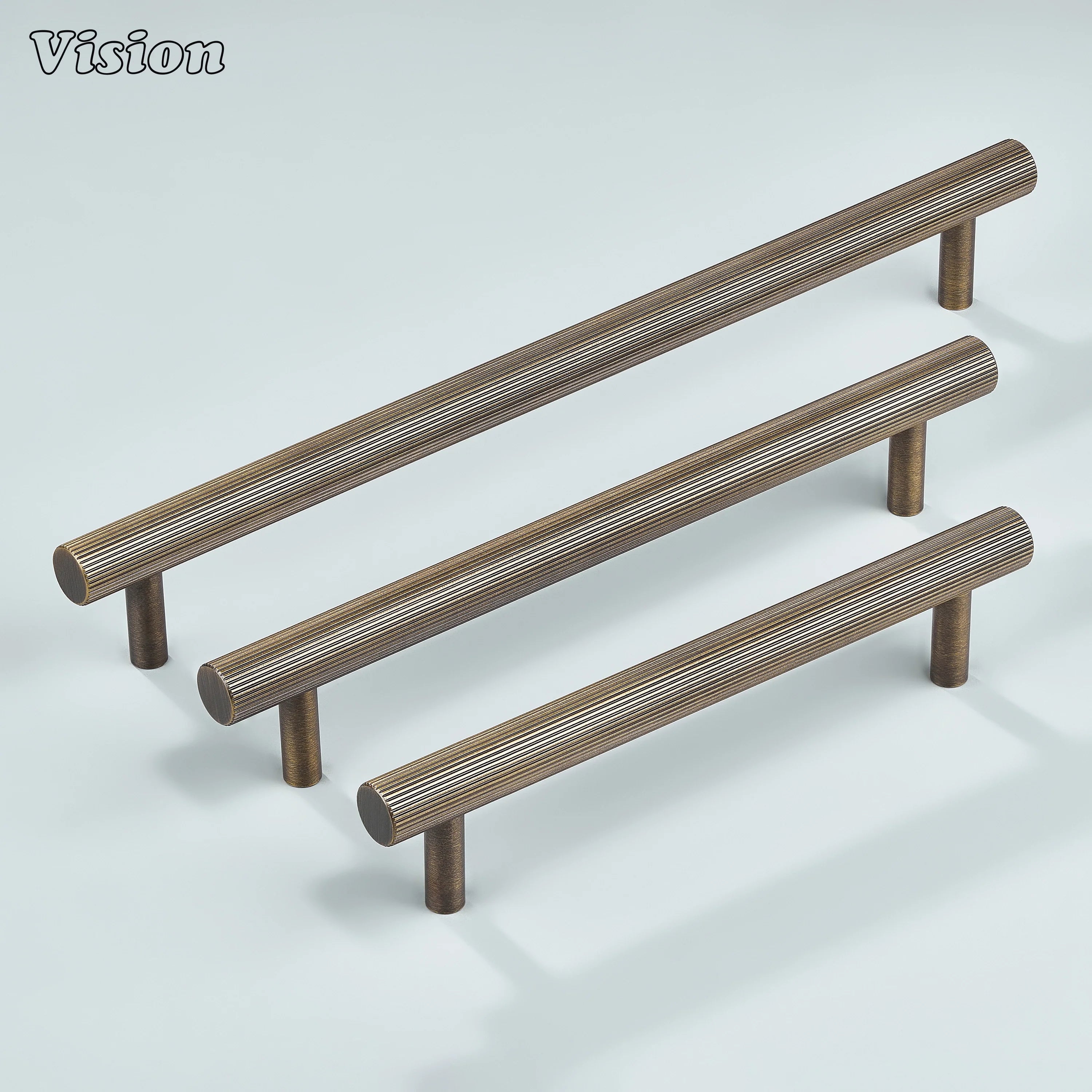 Antique bronze linear knurled handle with cylindrical legs for wardrobe shutters.