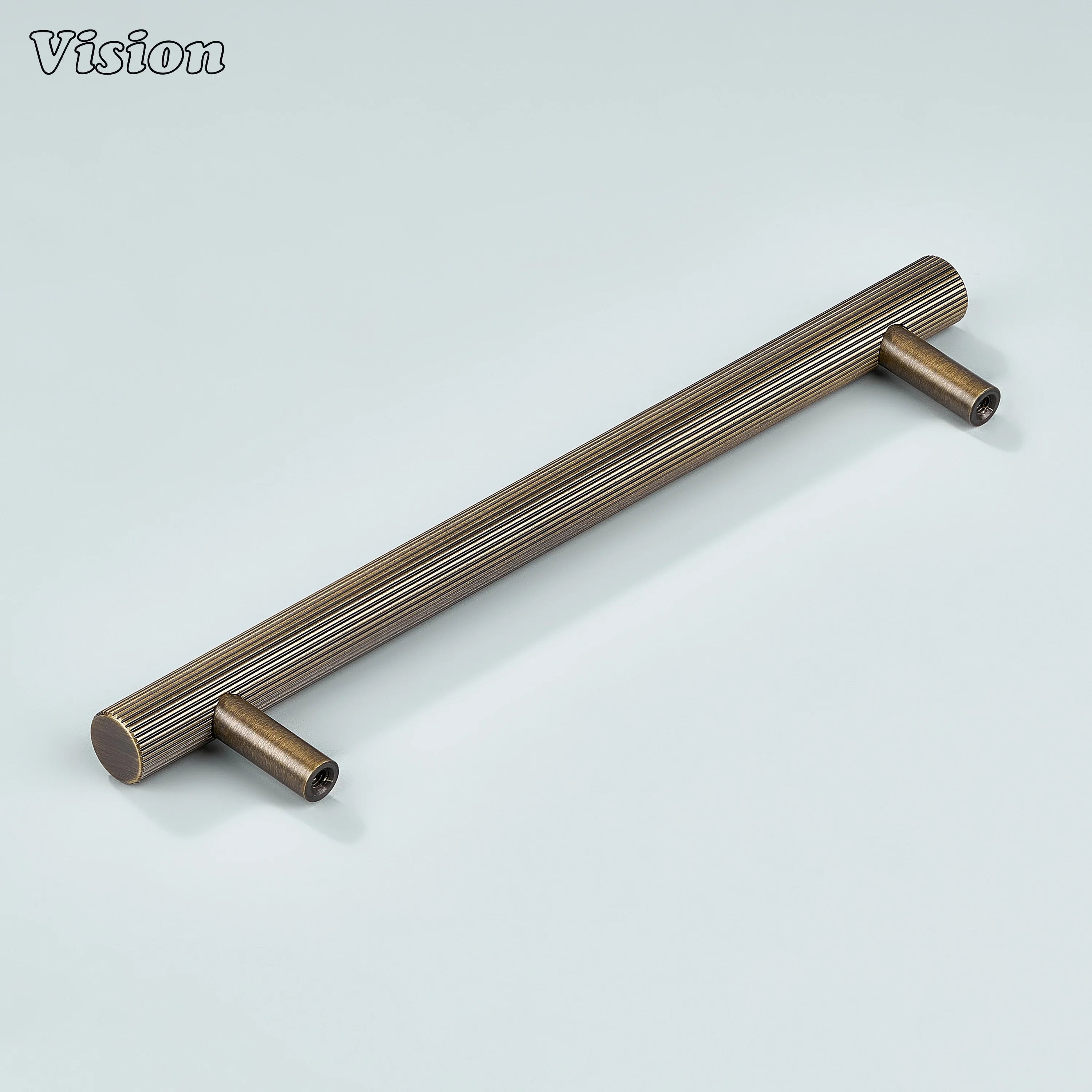 Antique bronze textured linear handle with cylindrical legs for modular kitchens.