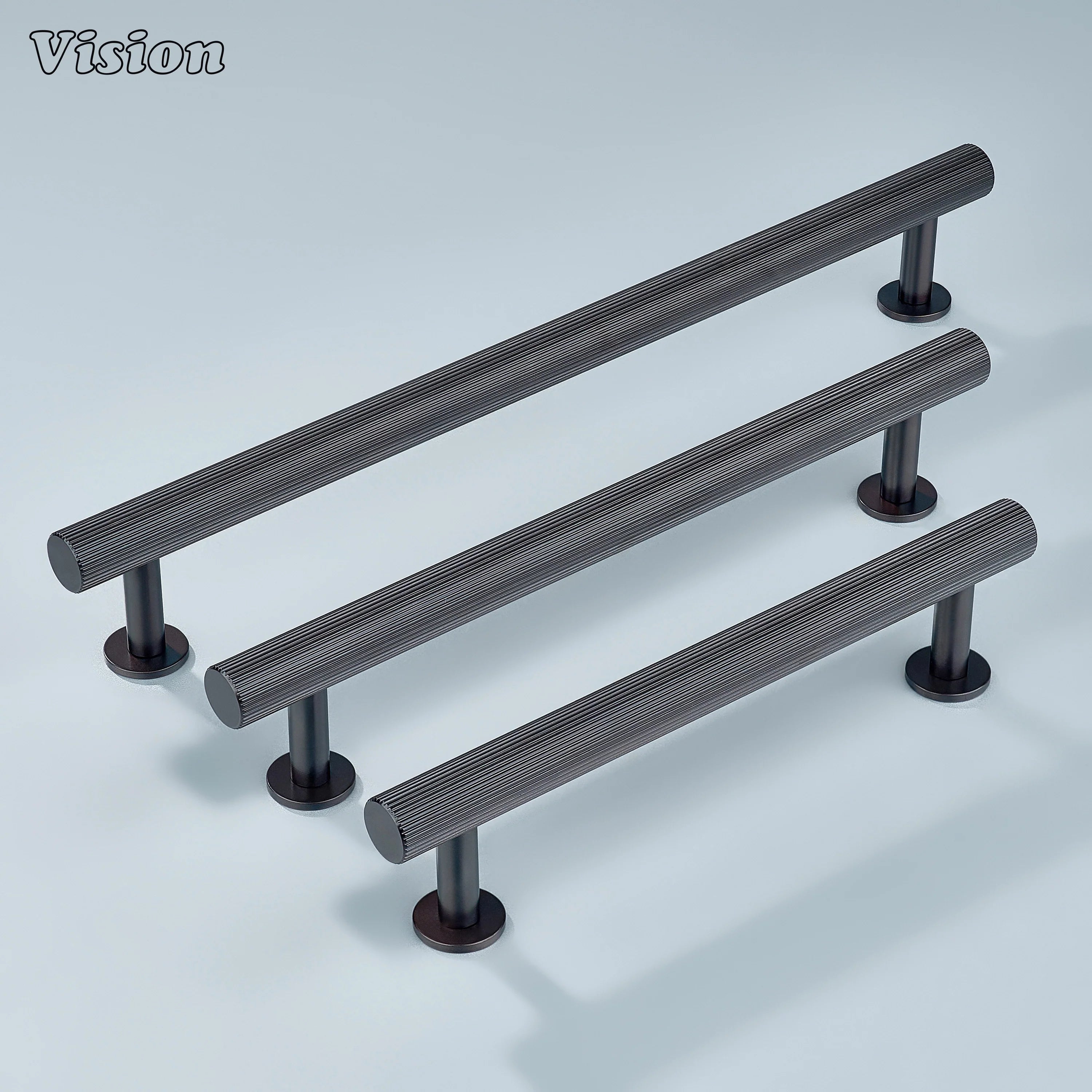 Oil rubbed bronze linear knurled pull with cylindrical legs for wardrobe shutters.