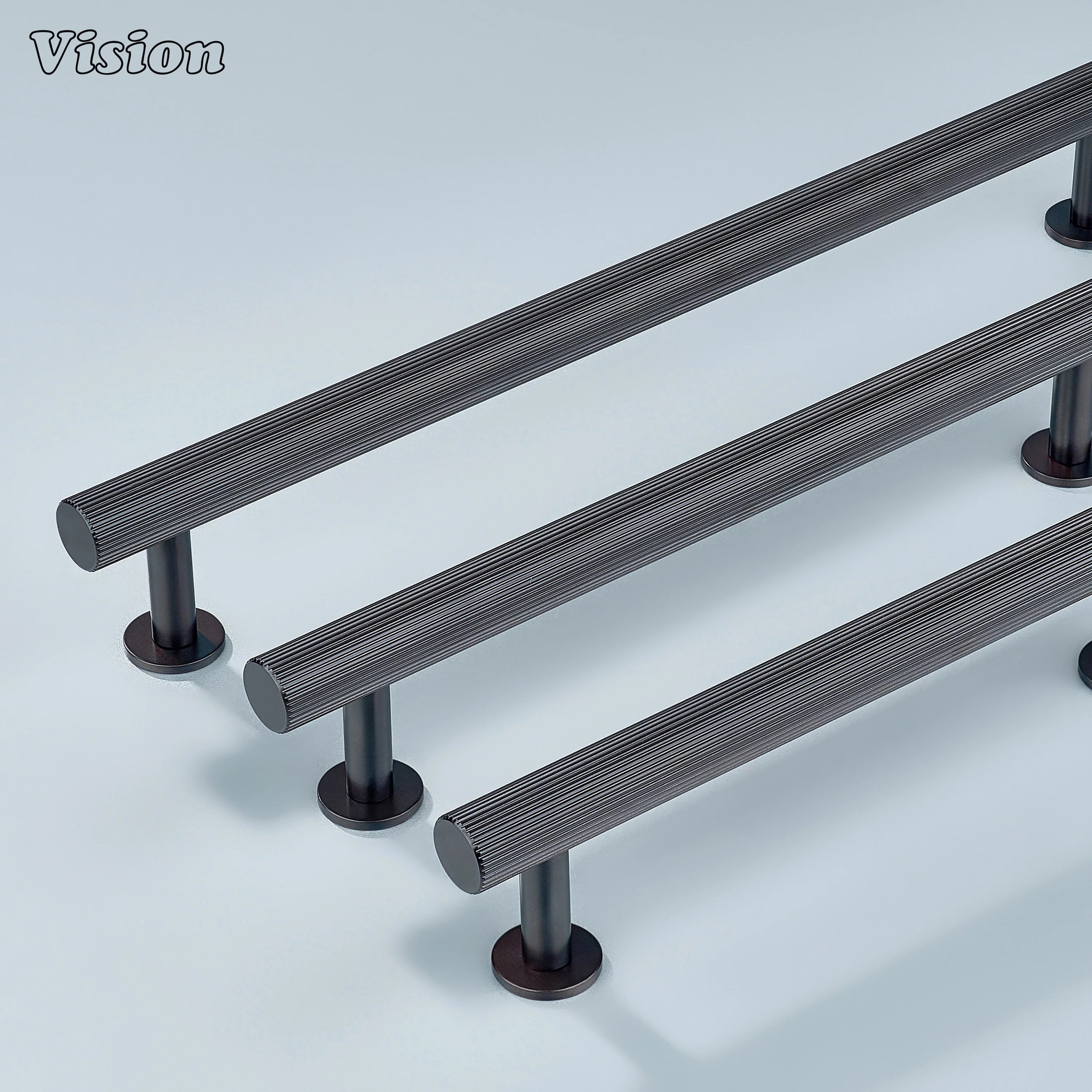 Oil rubbed bronze linear knurled cabinet hardware used for drawers and cupboards.