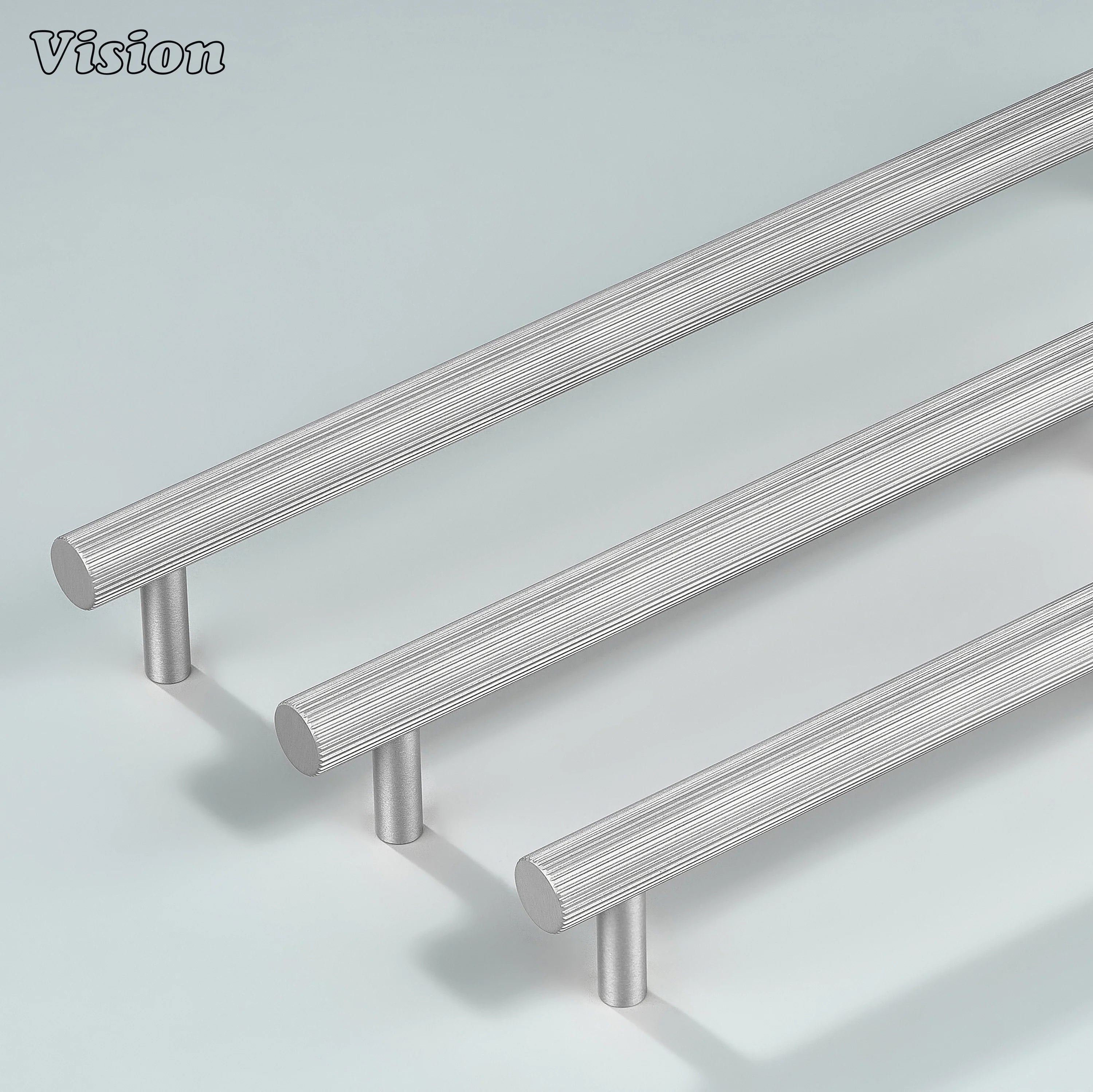 Silver linear knurled cabinet handle for drawers and cupboards.