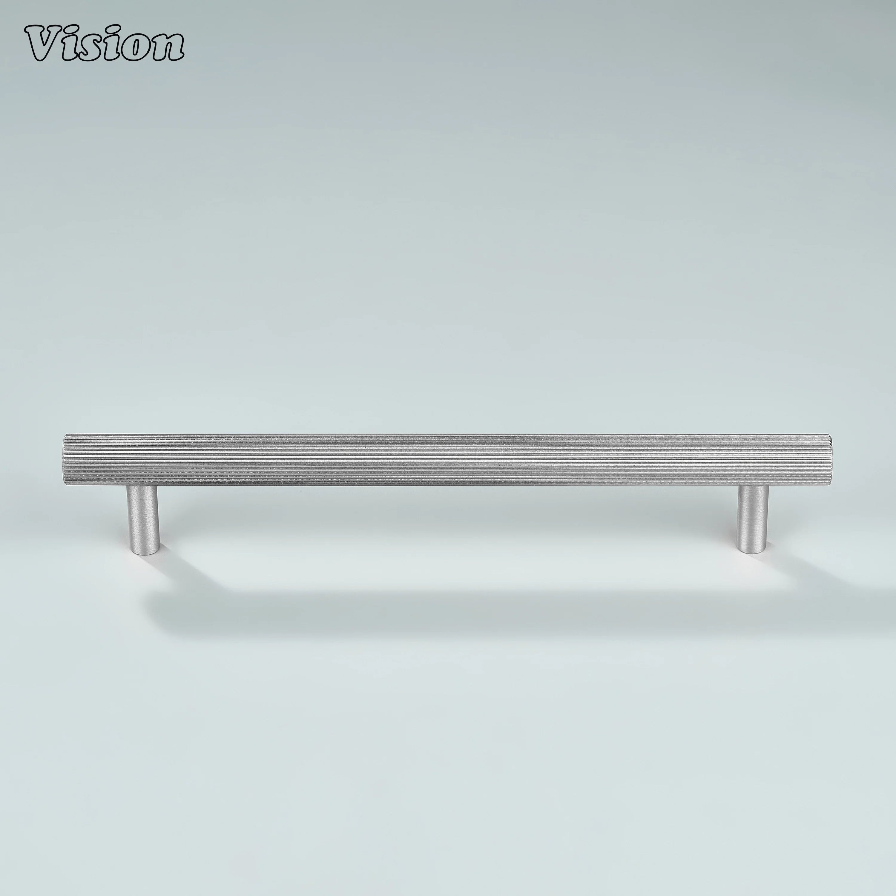 Silver linear knurled pull used on bathroom cabinets.