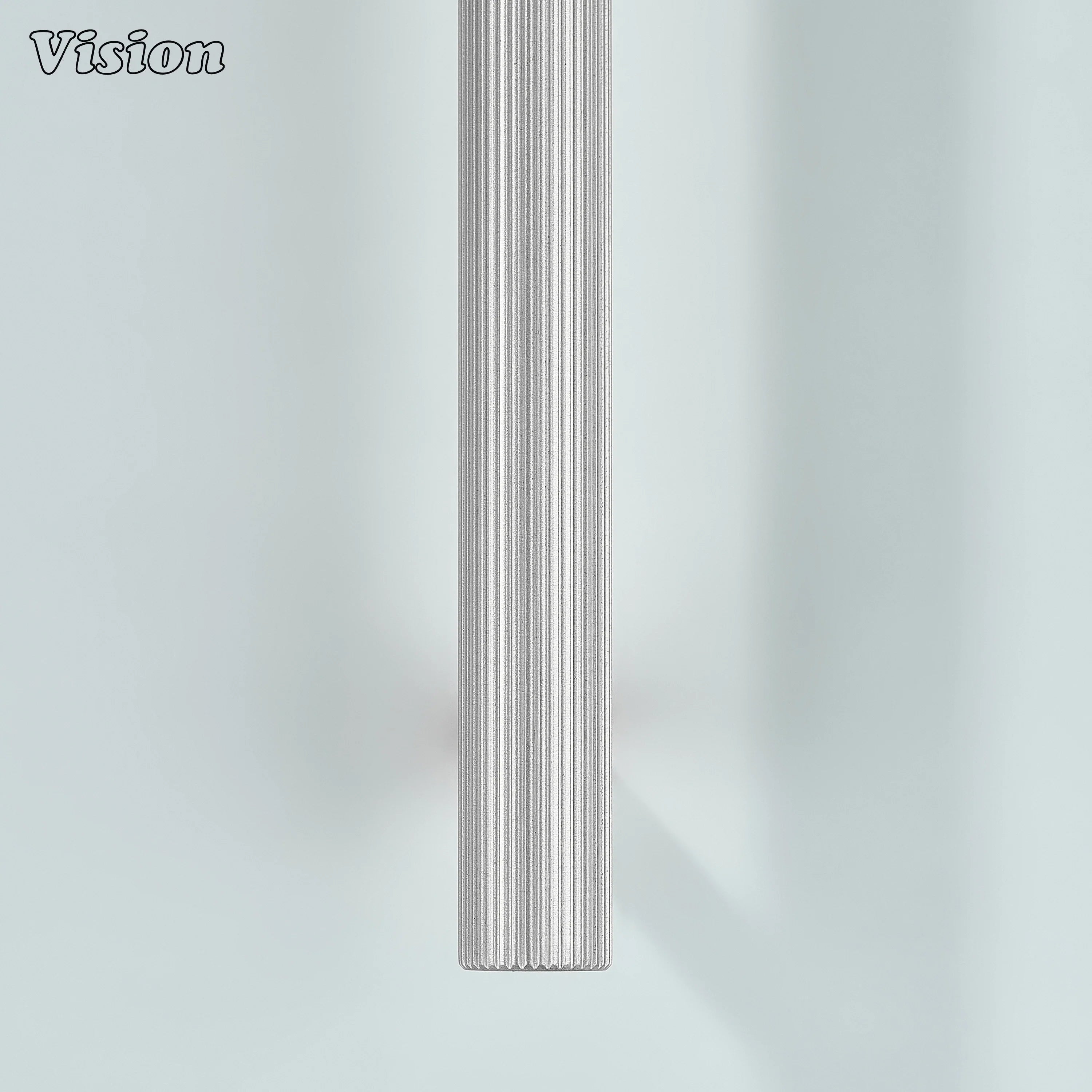 Silver textured linear handle used for furniture drawers.