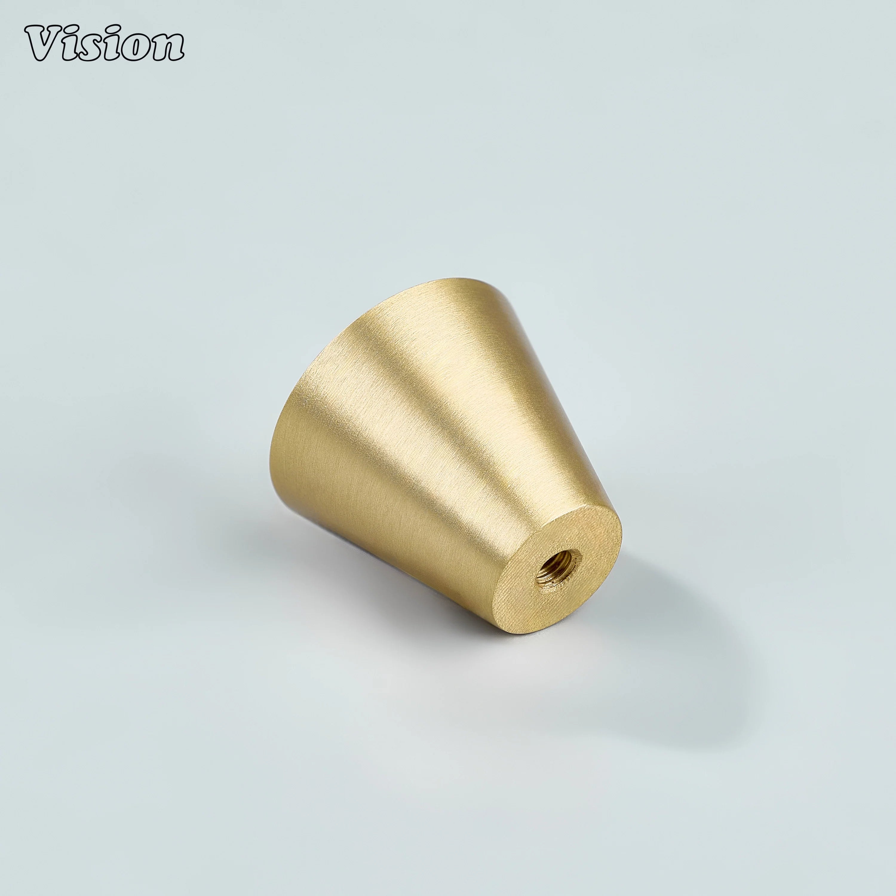 Gold solid brass cabinet knob with tapered cone shape for drawer fronts