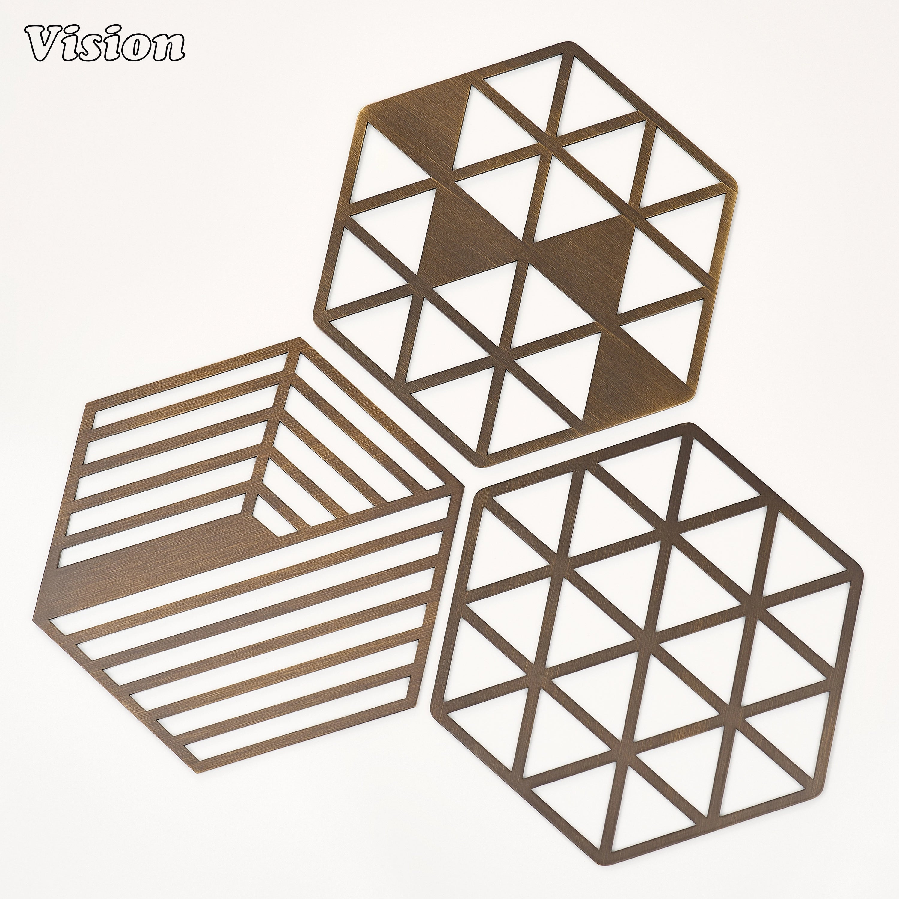 Premium antique bronze geometric brass coaster with open lattice design protecting a coffee table