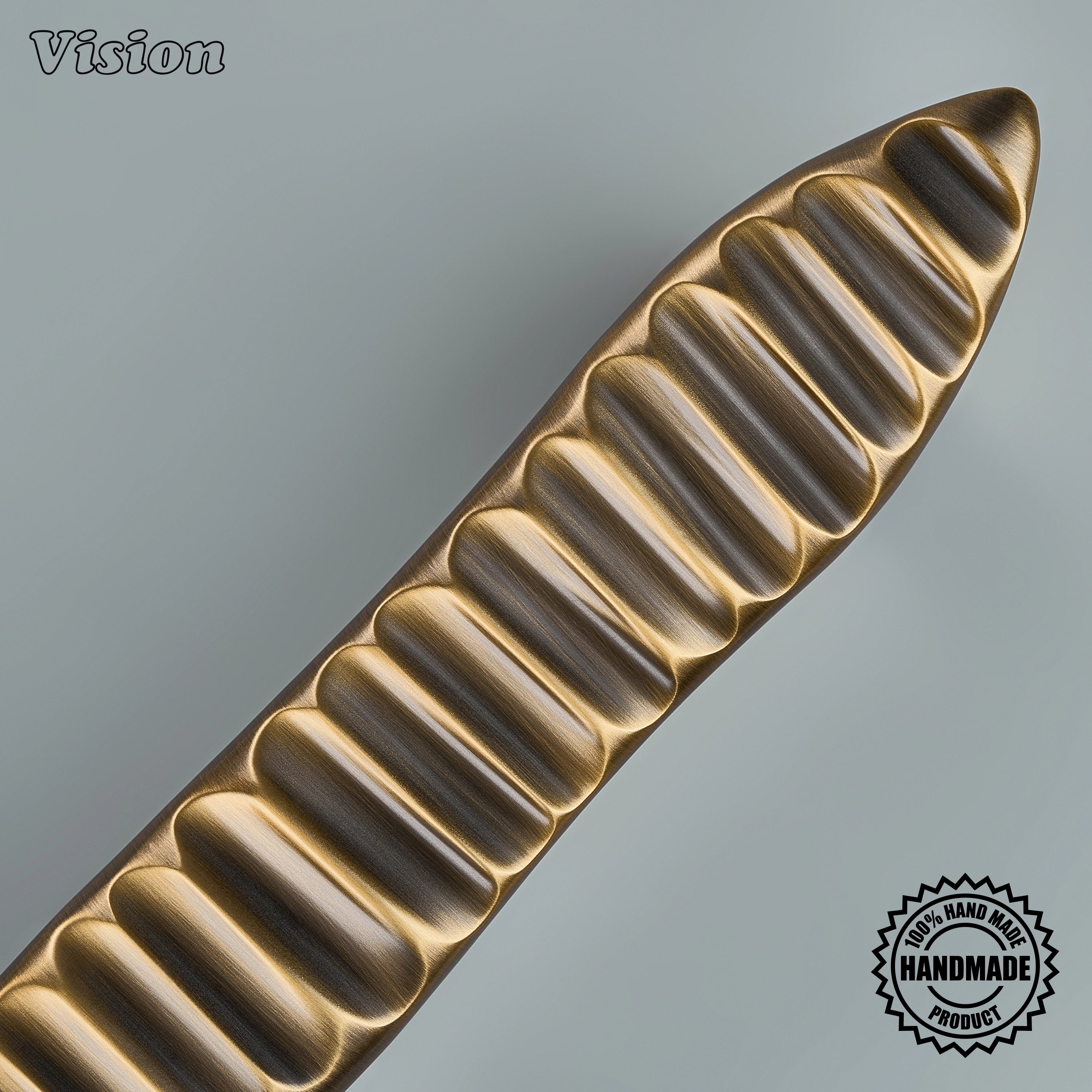 Antique Bronze decorative appliance pull with round mounting legs for tall cabinet doors.