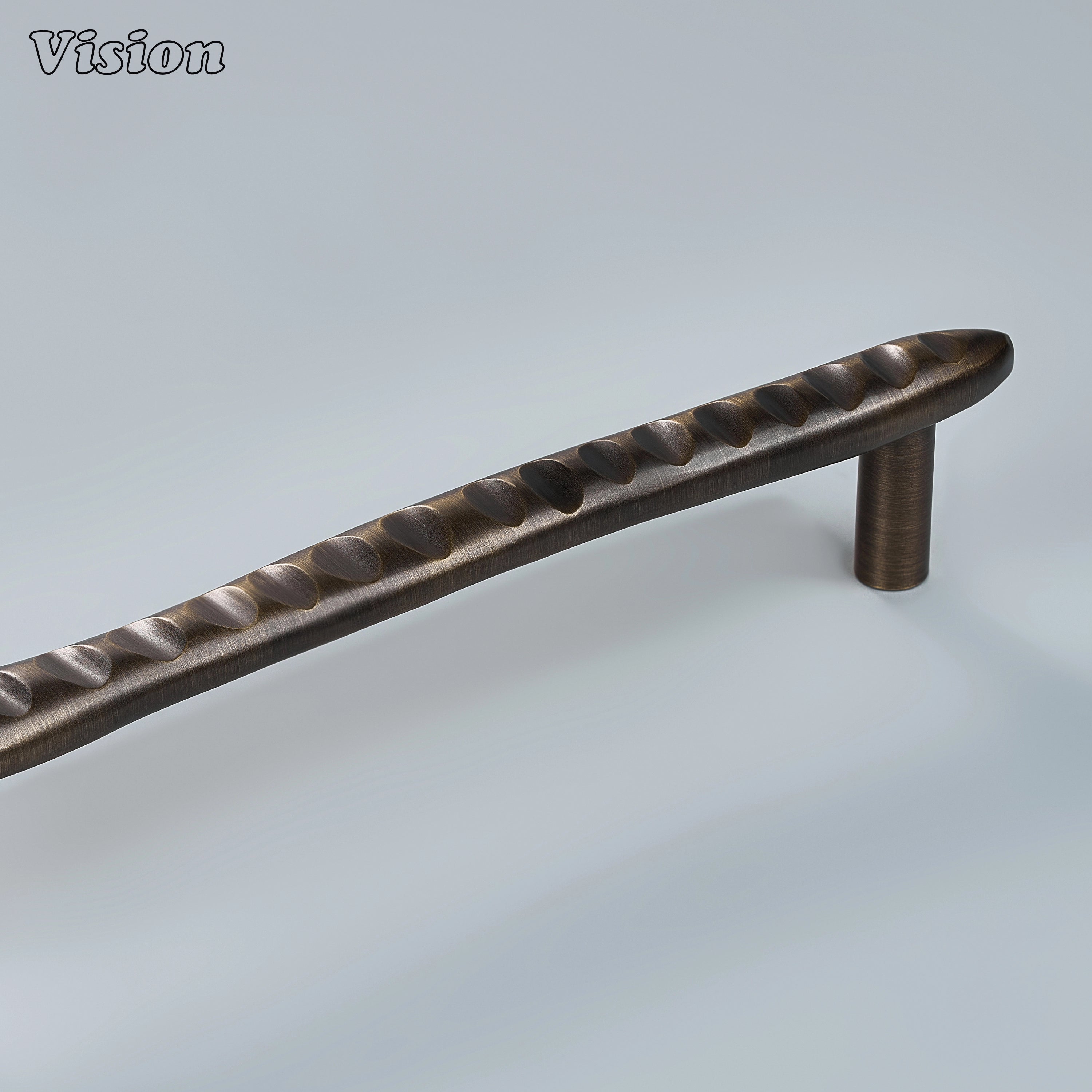 Premium antique bronze sculpted brass cabinet pull with round posts on bathroom vanities