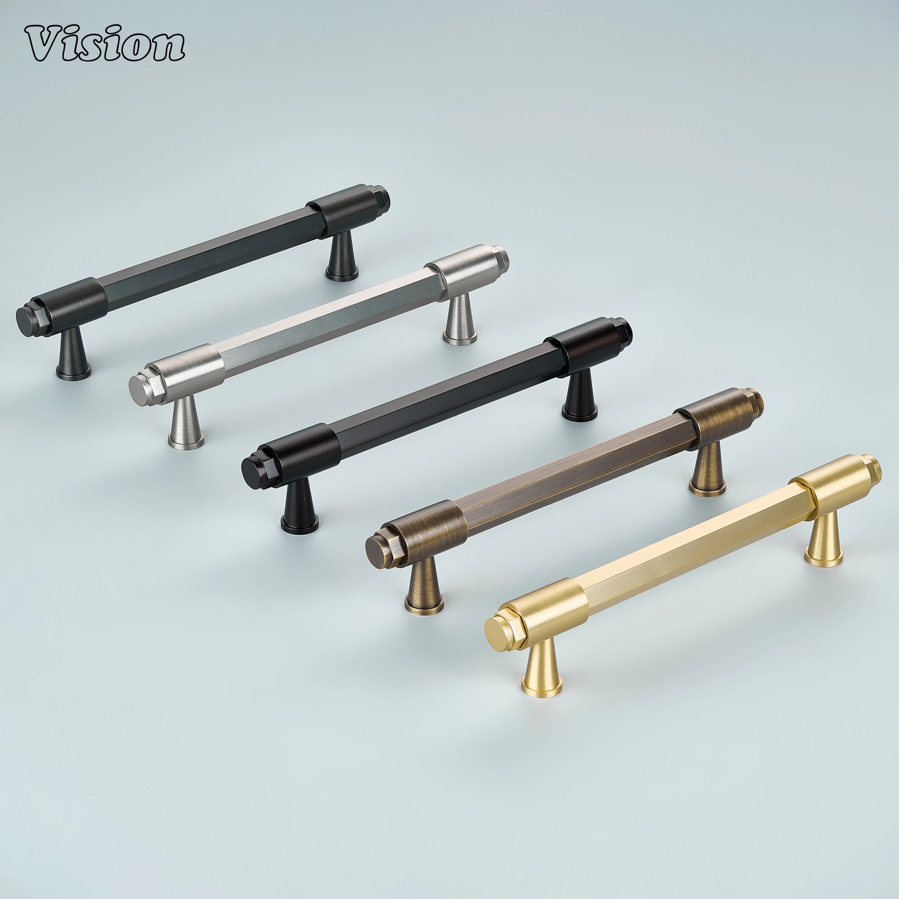 Gunmetal cabinet handle featuring a geometric hexagonal bar and cone supports with ring accents