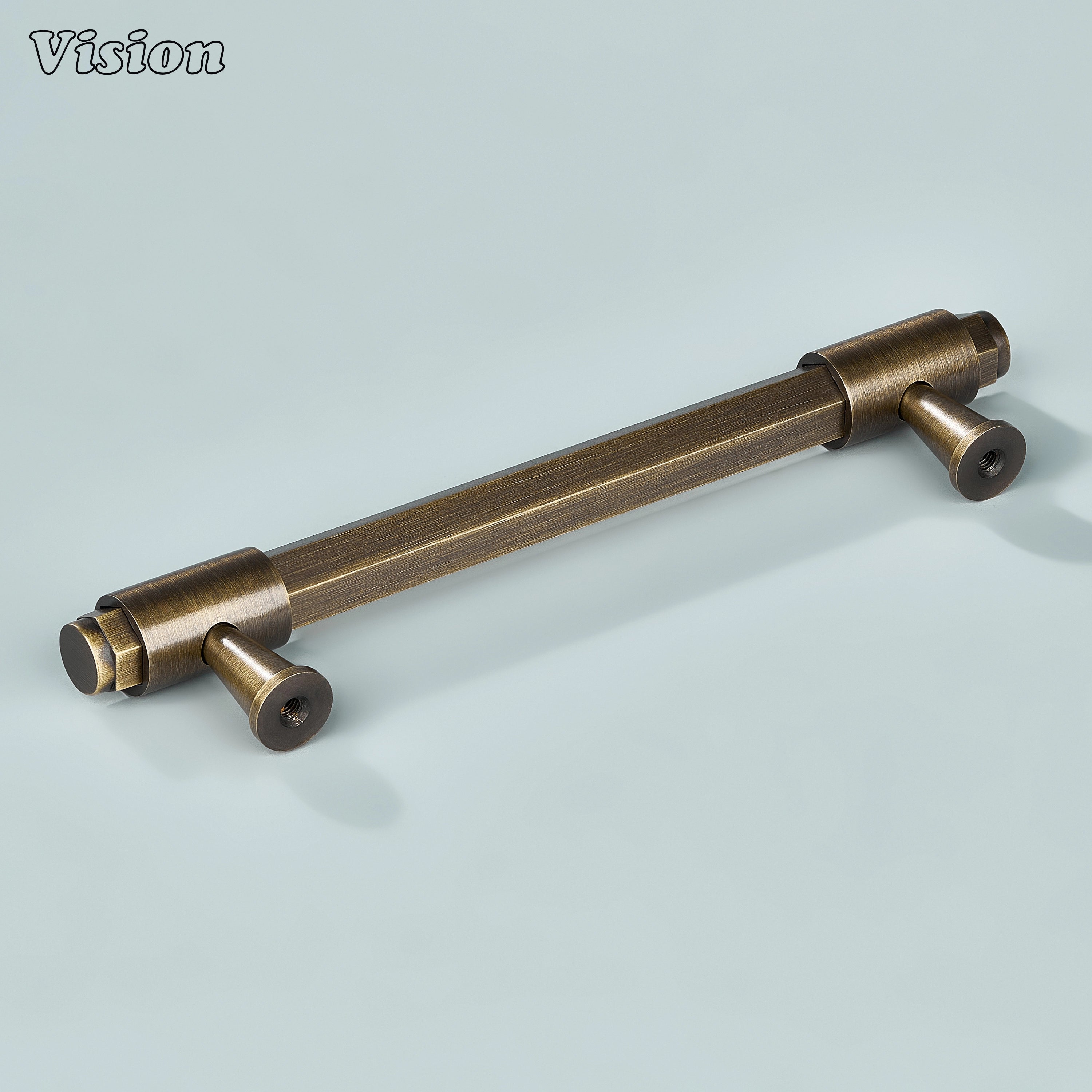 Antique Bronze cabinet handle with plain hexagonal profile and ring detailed supports for furniture drawers