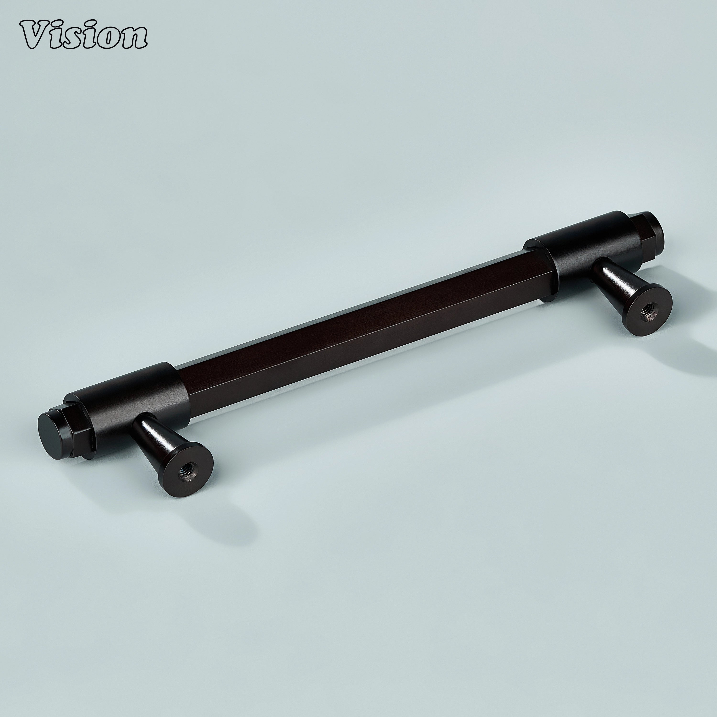 Oil Rubbed Bronze cabinet handle with angular profile and ring detailed cone mounts for drawers