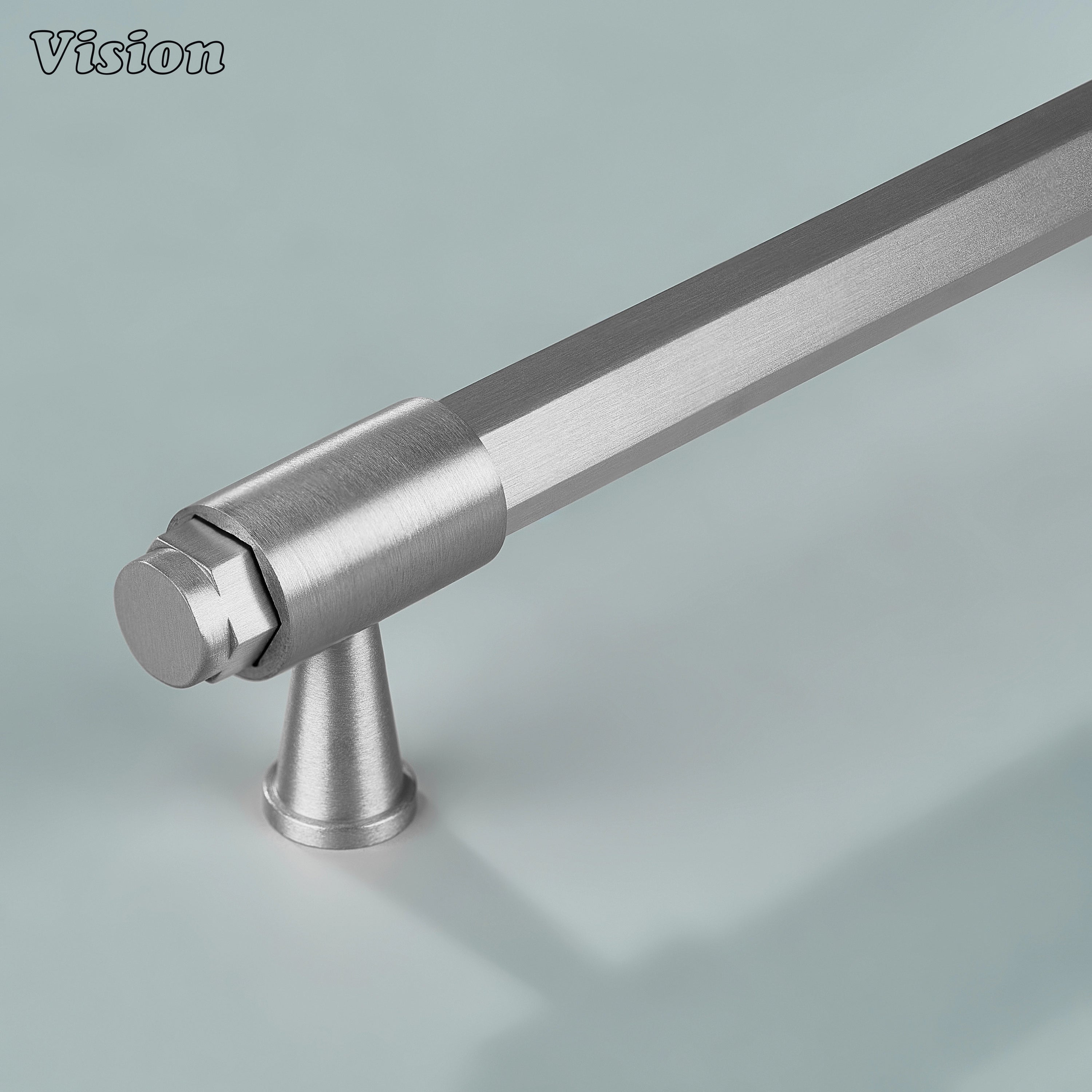 Silver hexagonal brass cabinet handle with circular extruded ends and ring detailed cone legs for cabinets
