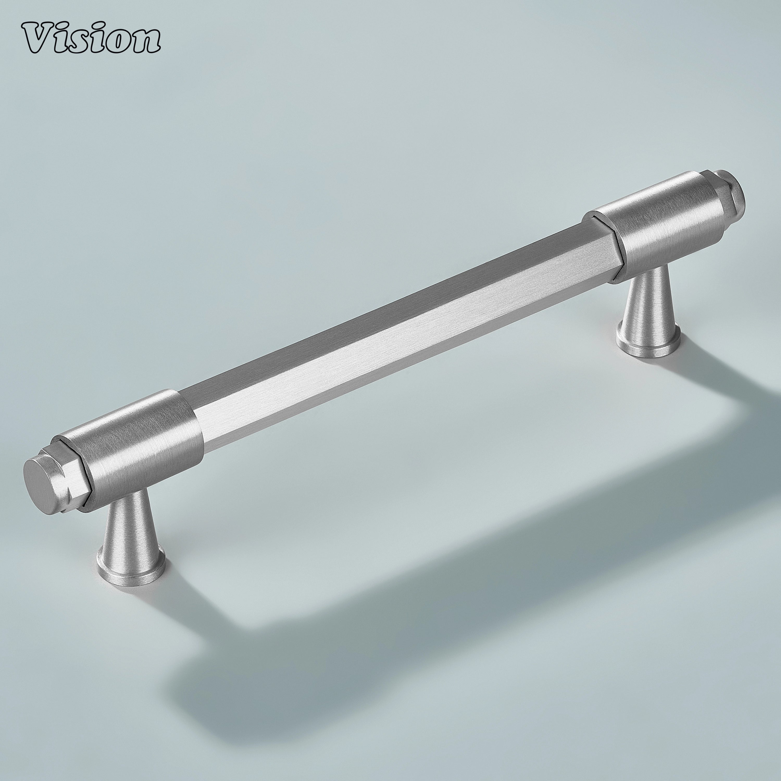 Silver brass cabinet handle with circular end caps and elegant cone-shaped feet for wardrobes