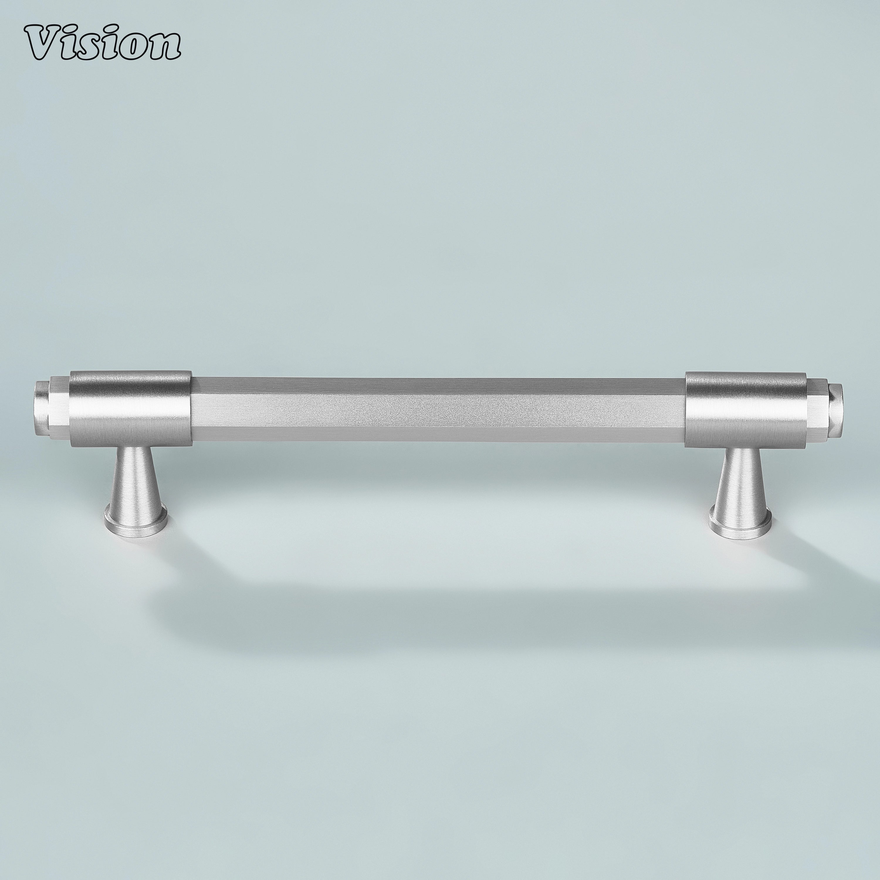 Silver geometric cabinet handle with extruded round ends for modern kitchen cabinetry