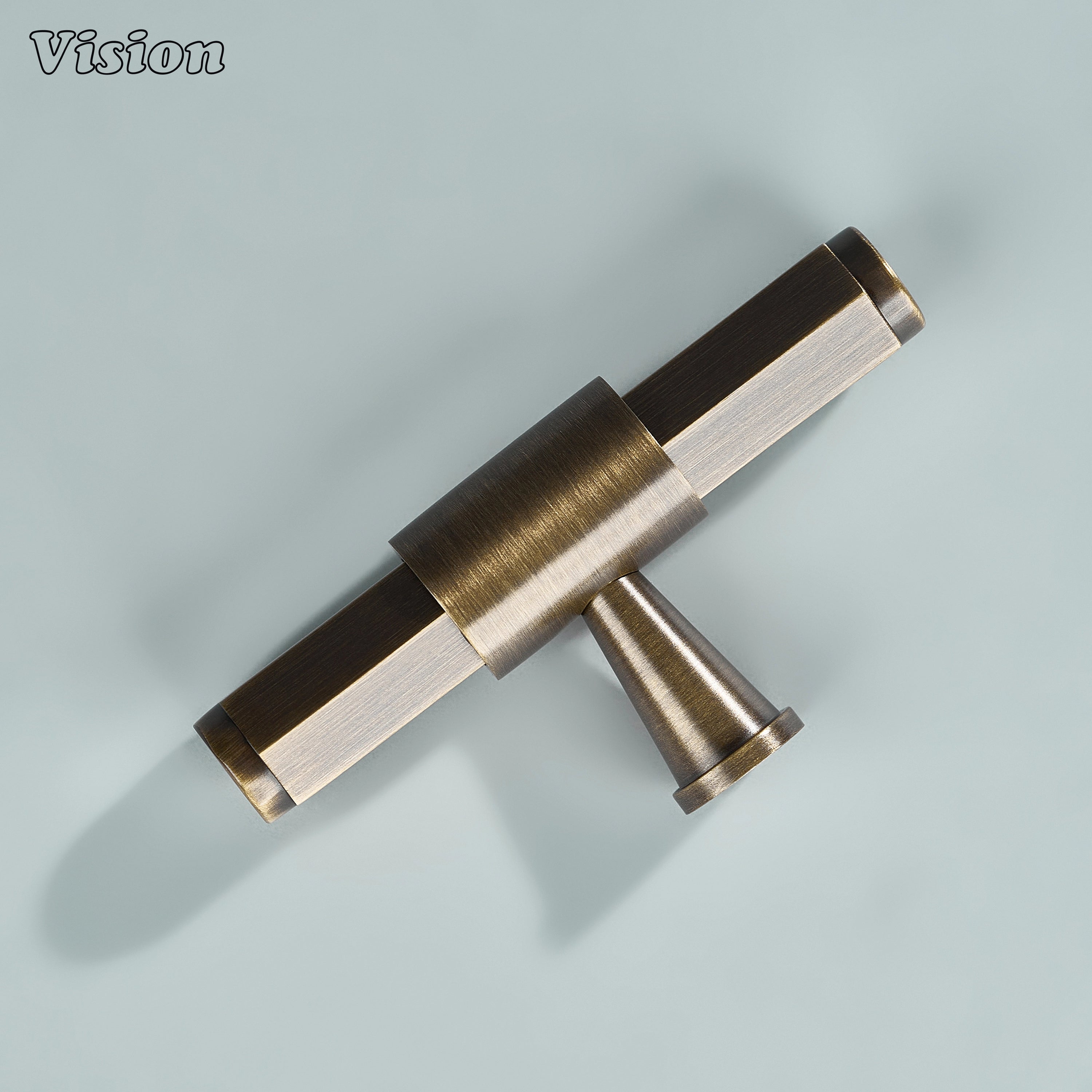 Antique Bronze cabinet T-knob featuring extruded end details and cone-shaped leg for wardrobes