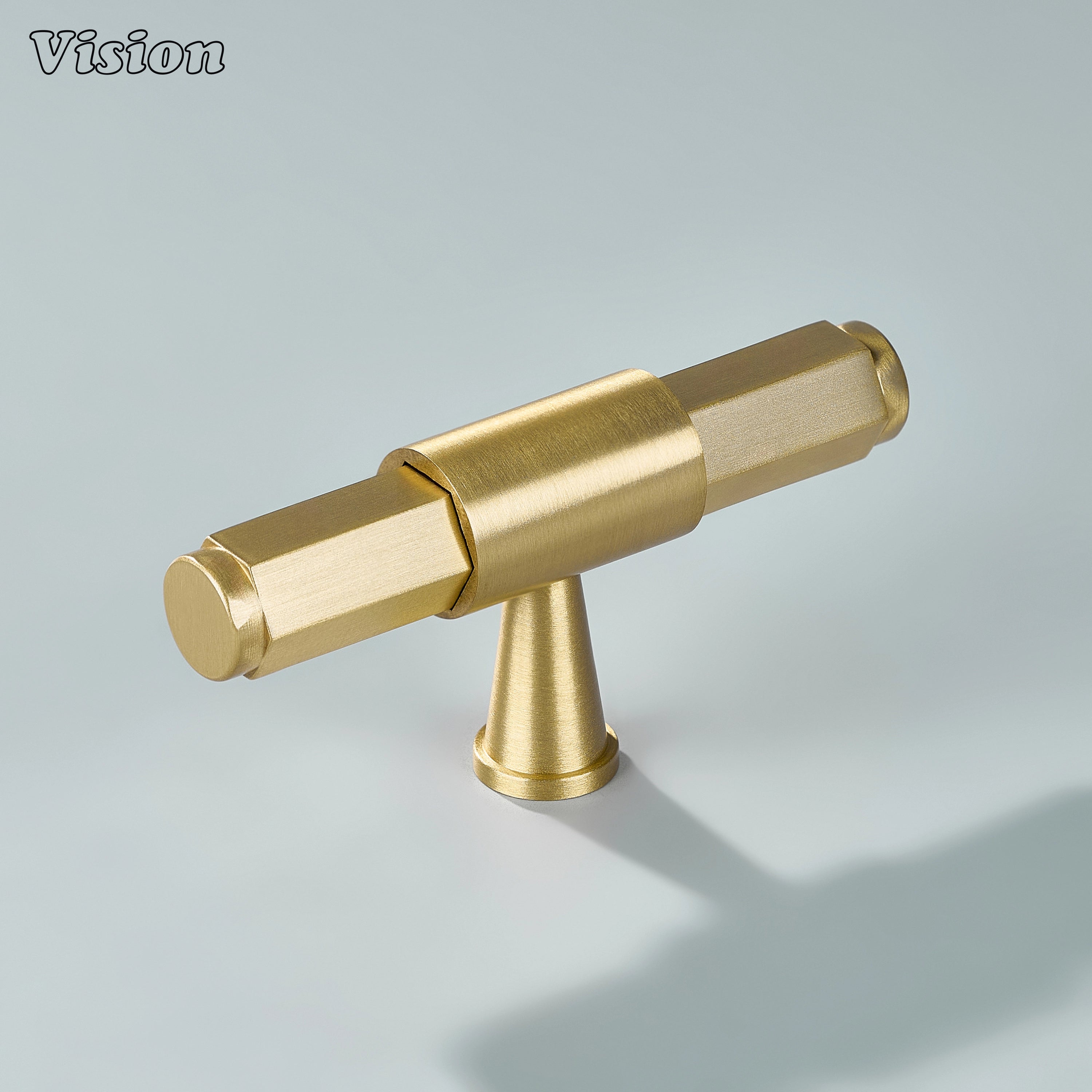Gold cabinet T-knob with plain hexagonal bar, circular center mount and ring detailed cone leg for kitchen cabinets
