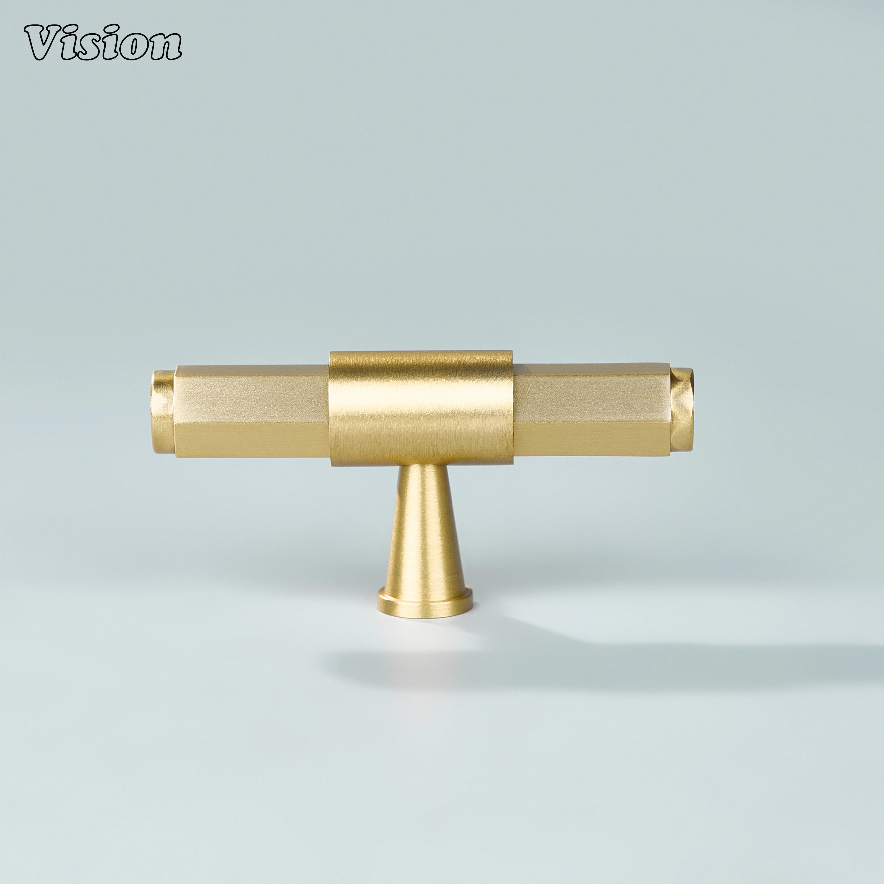 Gold cabinet T-knob with geometric bar design and cone-shaped leg for modern cabinetry