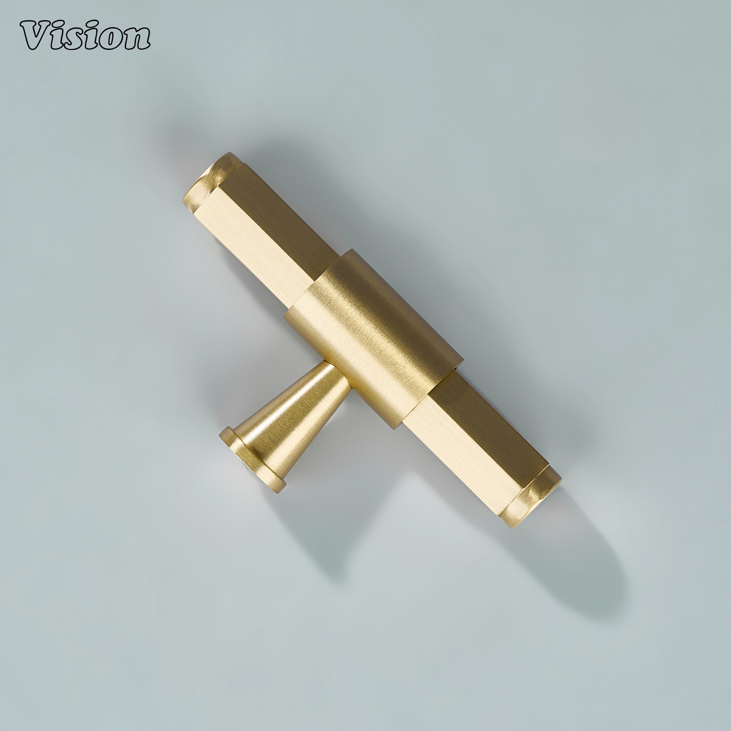 Gold brass T-knob featuring a plain hexagonal bar and circular mount for kitchen drawers