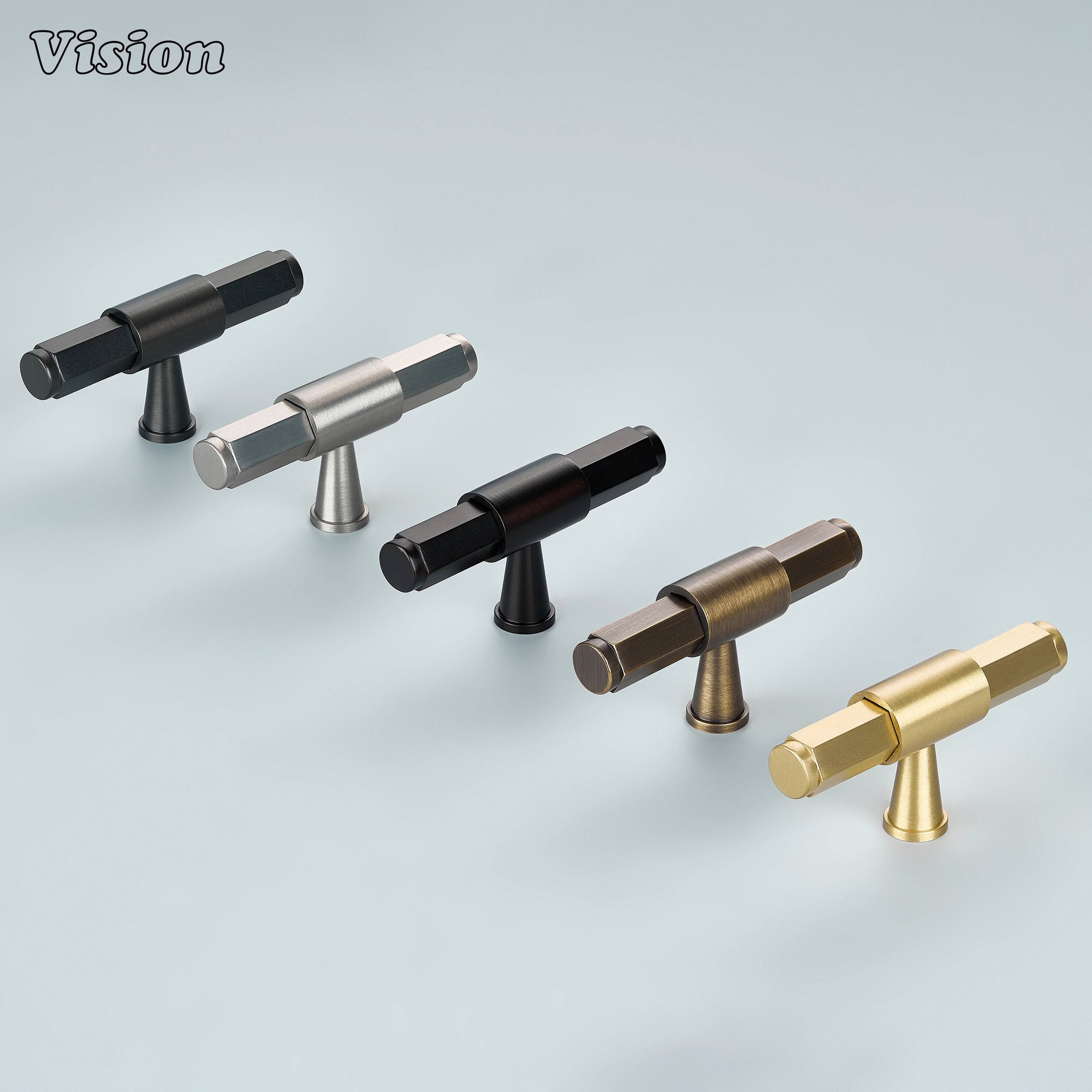 Gunmetal brass cabinet T-knob featuring extruded ends and ring detailed cone support for wardrobes