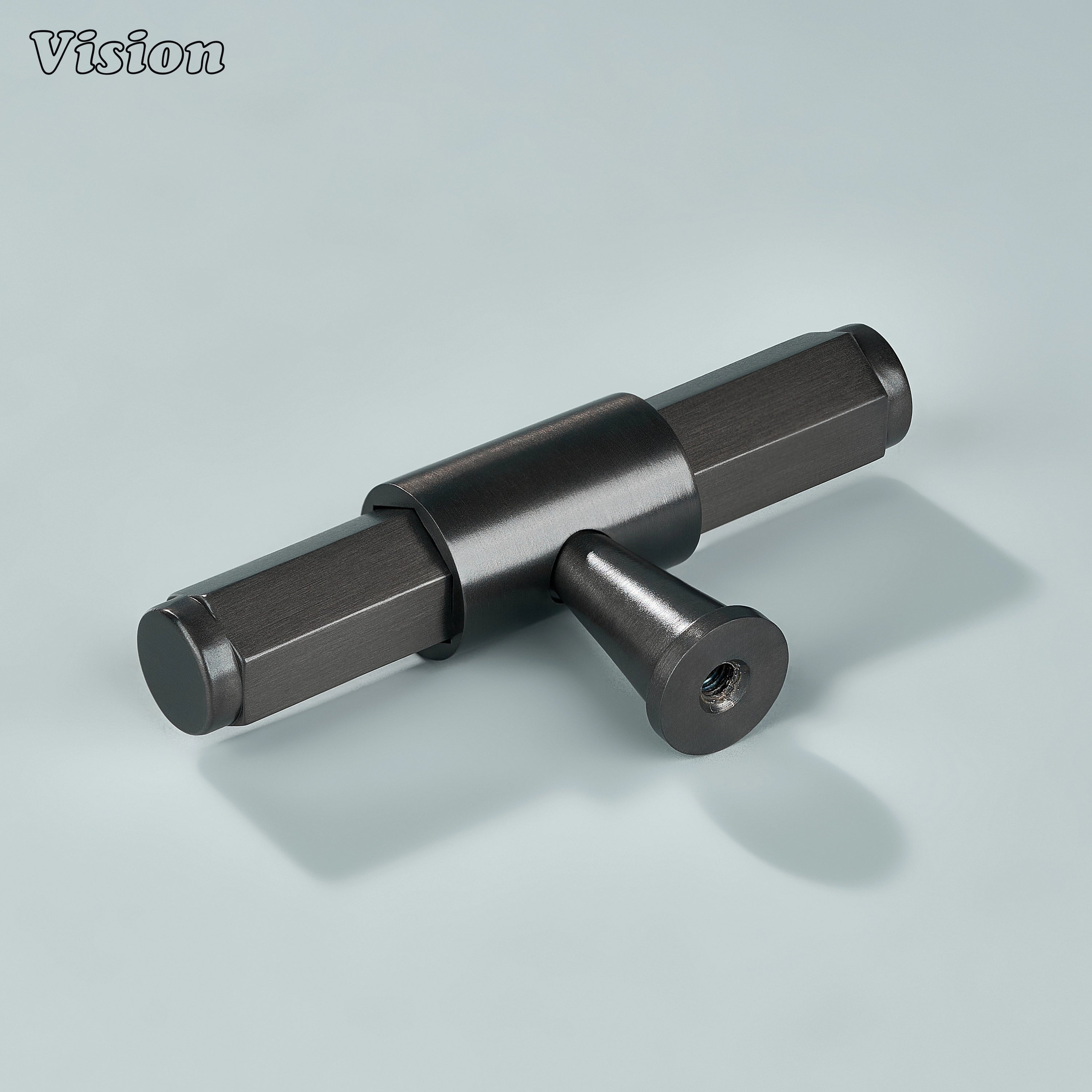 Gunmetal cabinet T-knob with circular center detail and ergonomic hexagonal grip for cabinetry