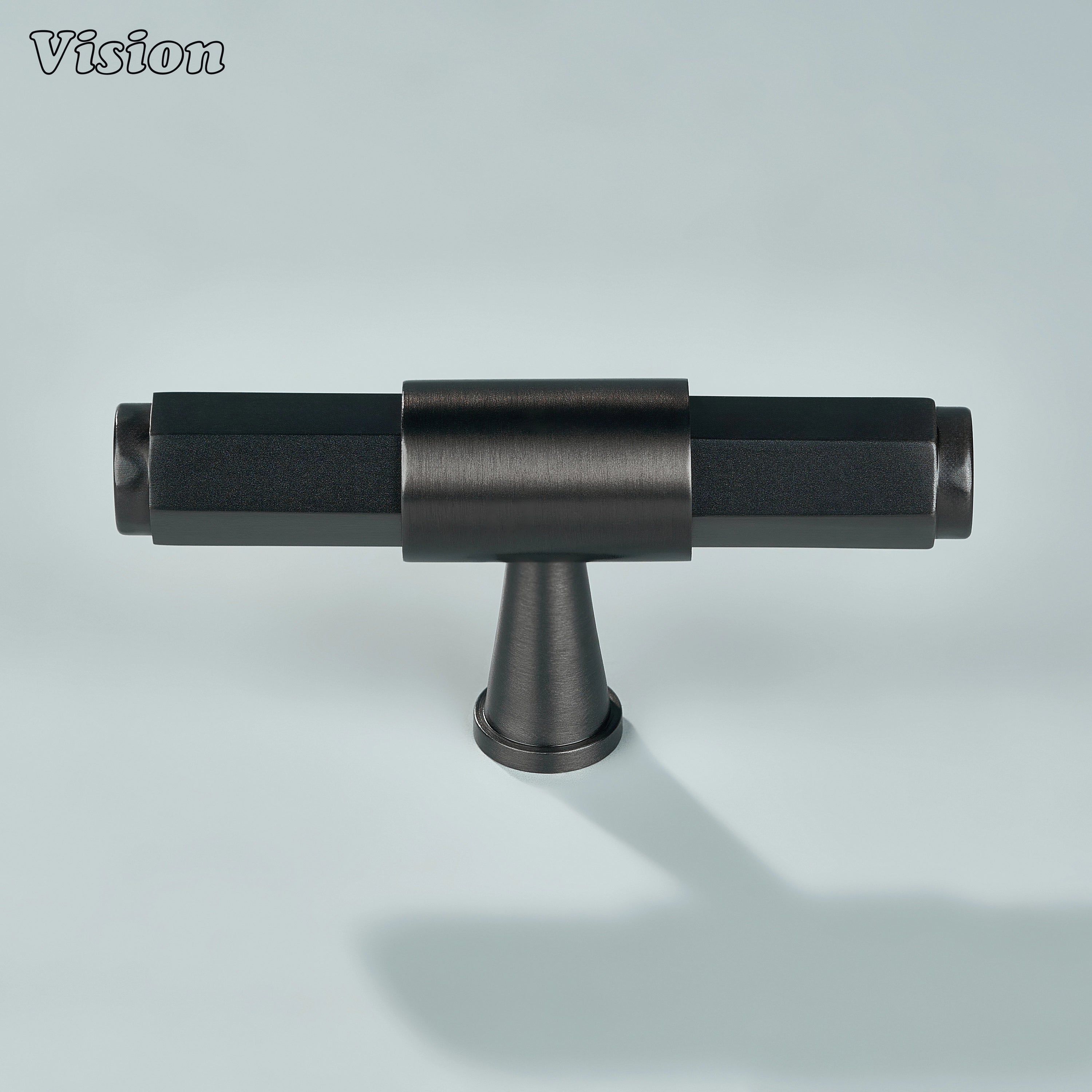 Gunmetal brass T-knob featuring a cone-shaped support with refined ring accent for drawers