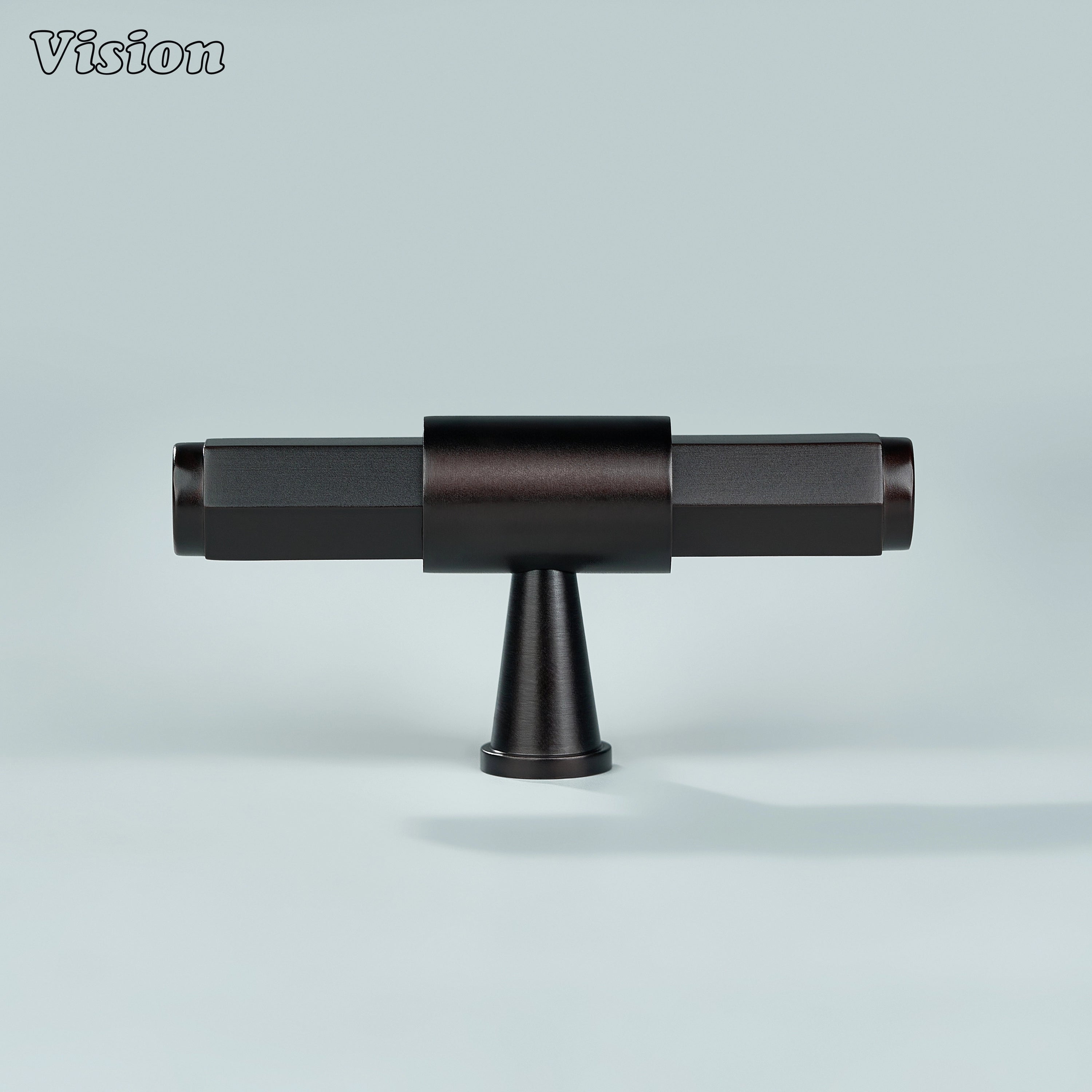 Oil Rubbed Bronze T-knob with geometric hexagonal profile and ring detailed support for furniture drawers