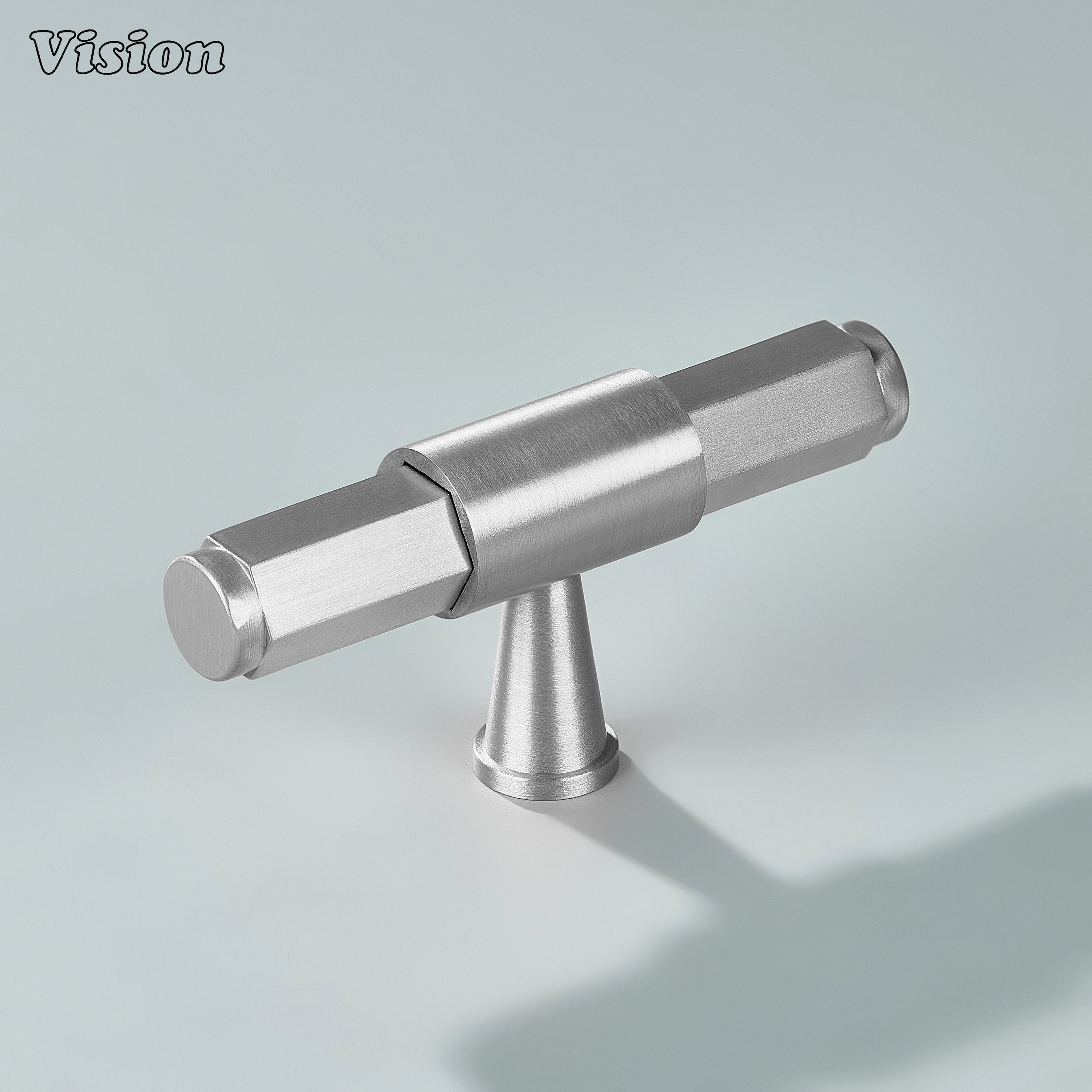 Silver cabinet T-knob with plain hexagonal bar and circular center mount for kitchen cabinets