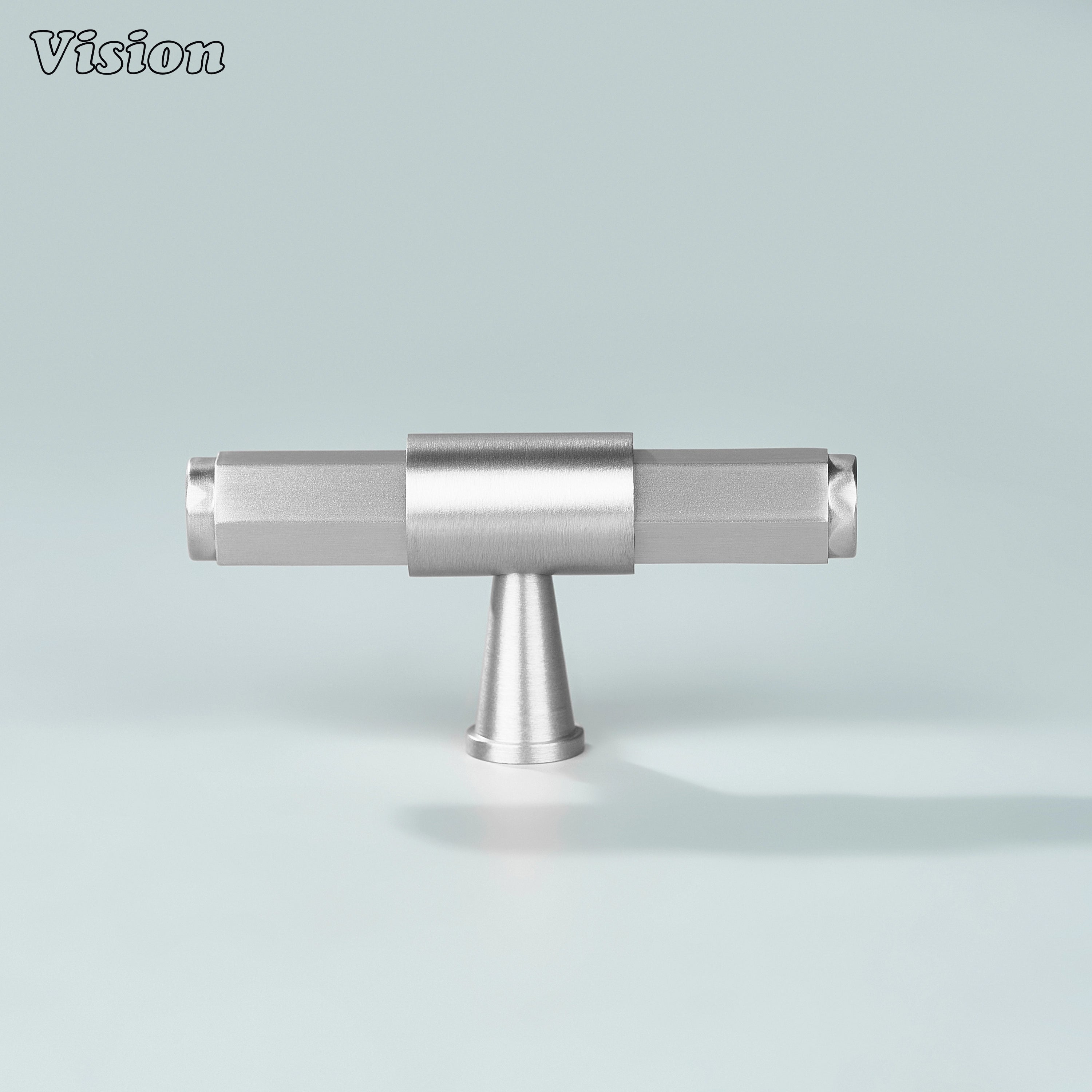 Silver cabinet T-knob with tapered cone leg and ergonomic grip for cabinetry applications