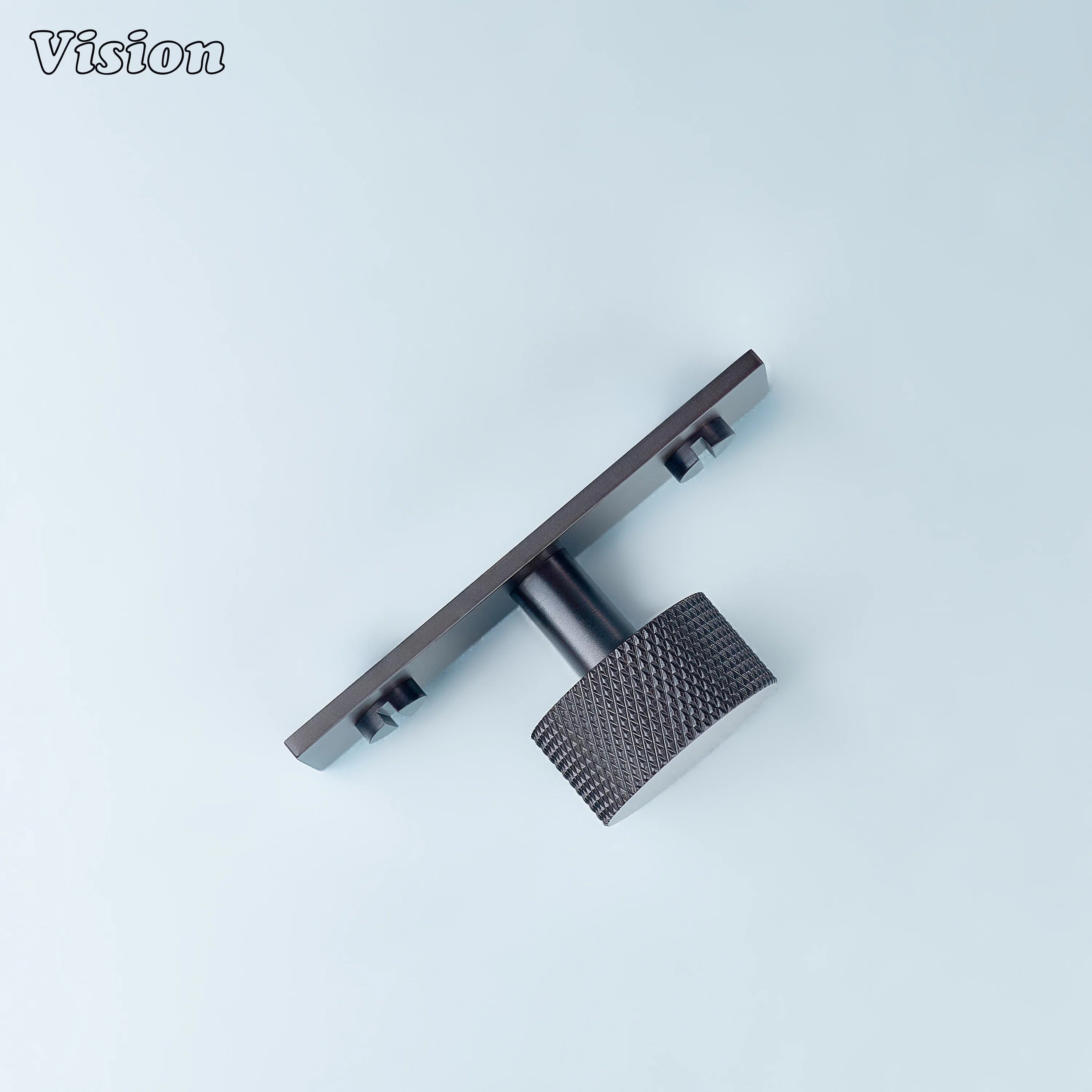 Oil Rubbed Bronze knurled cabinet knob mounted on backplate for drawers