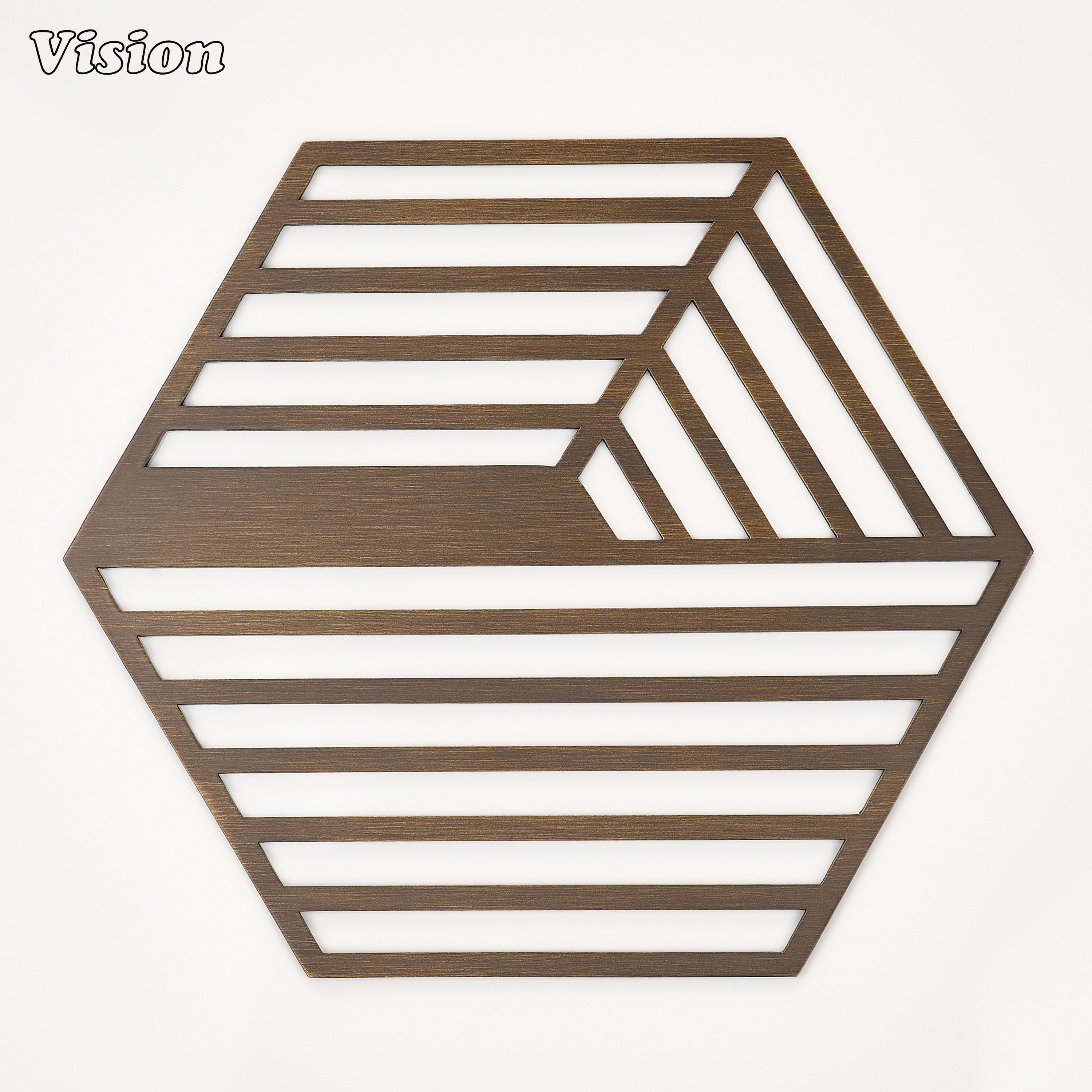Antique Bronze solid brass hexagon coaster with intersecting parallel lines on a dining table