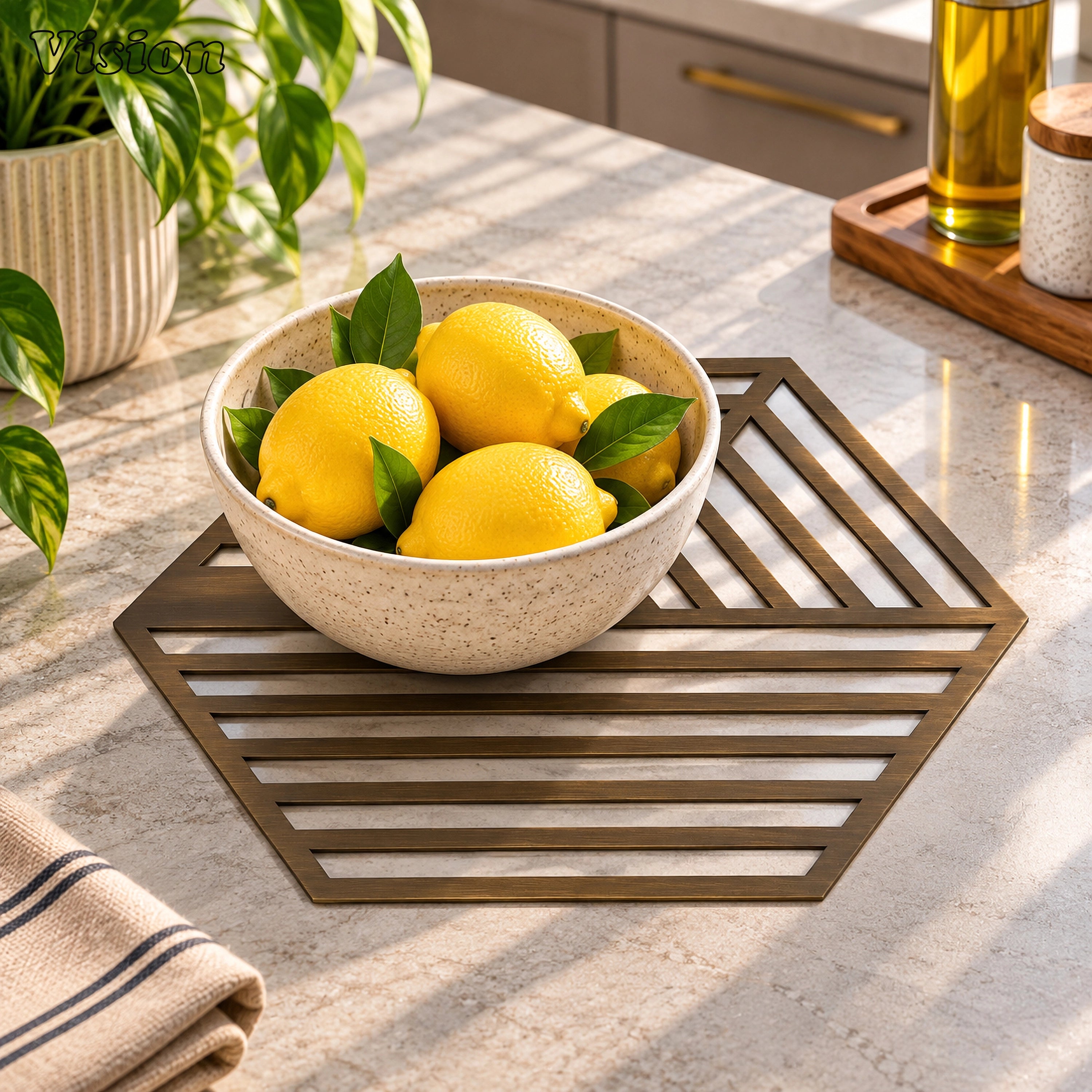 Hexagonal antique bronze tabletop coaster featuring a geometric 3D illusion on a wooden bar cart