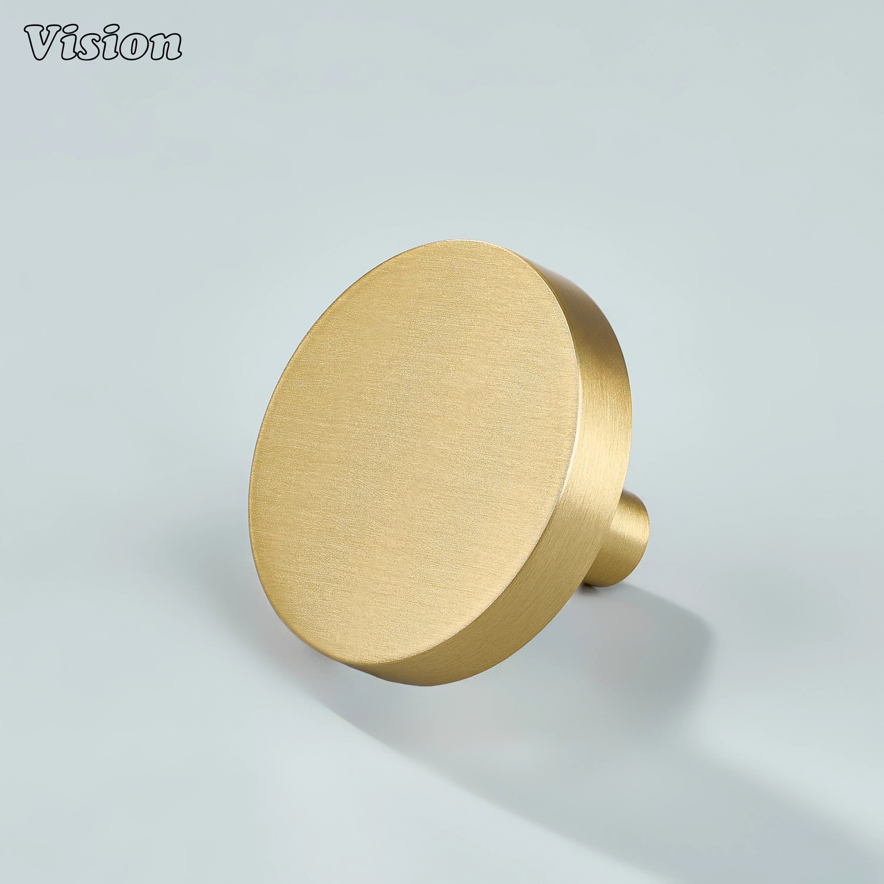 Gold solid brass cabinet knob with round plain profile and flat top design for kitchen cabinets