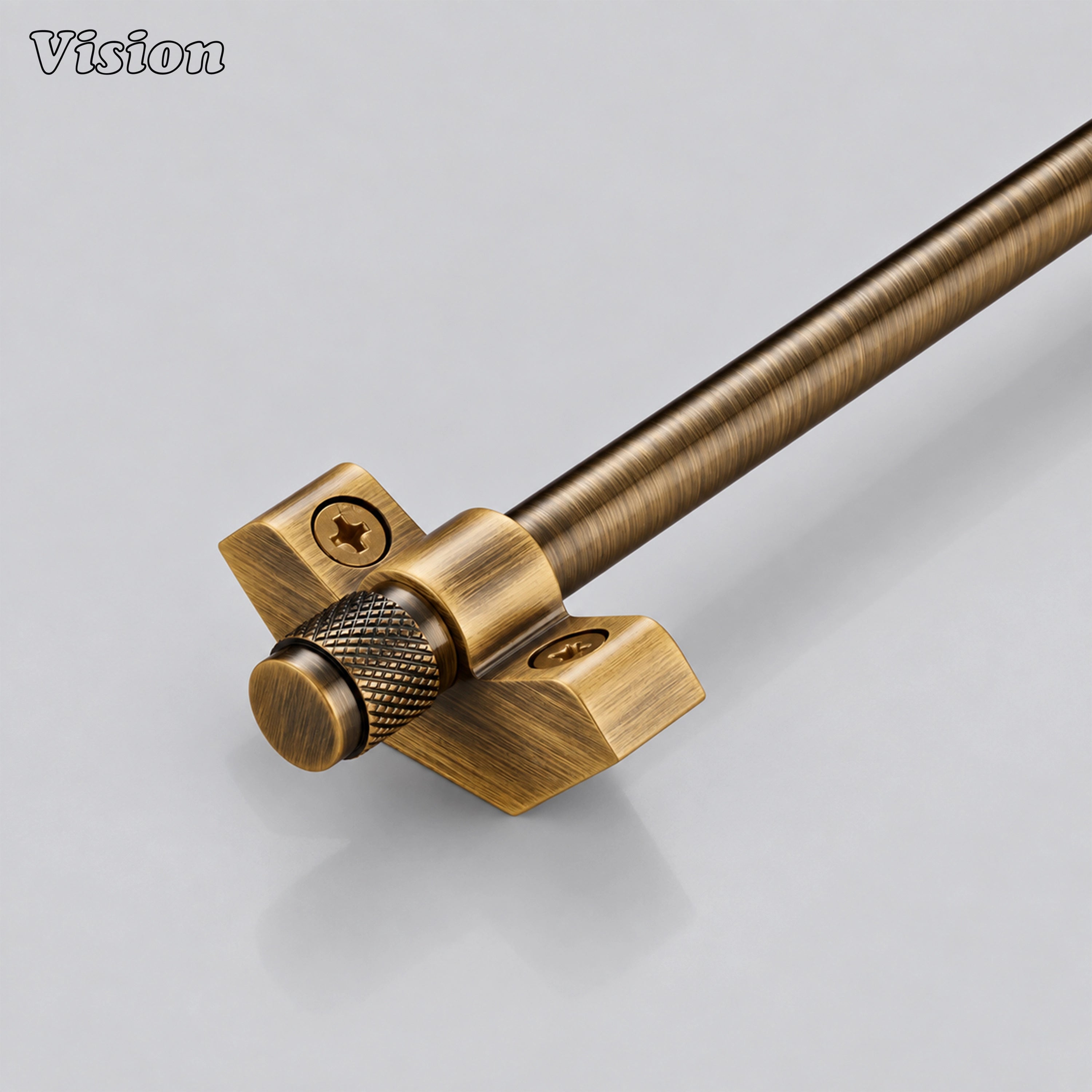 Antique Bronze handcrafted stair rod runner with smooth cylindrical bar and knurled finials on carpeted stairs