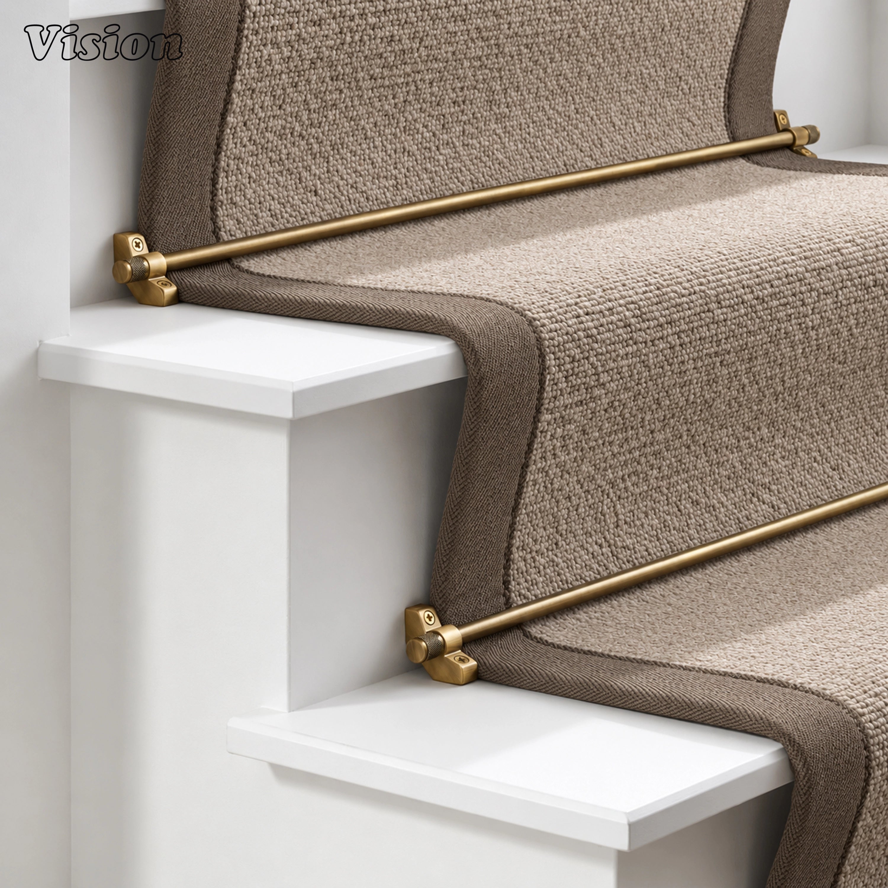 Solid brass antique bronze stair rod runner featuring angled brackets for securing stair carpets