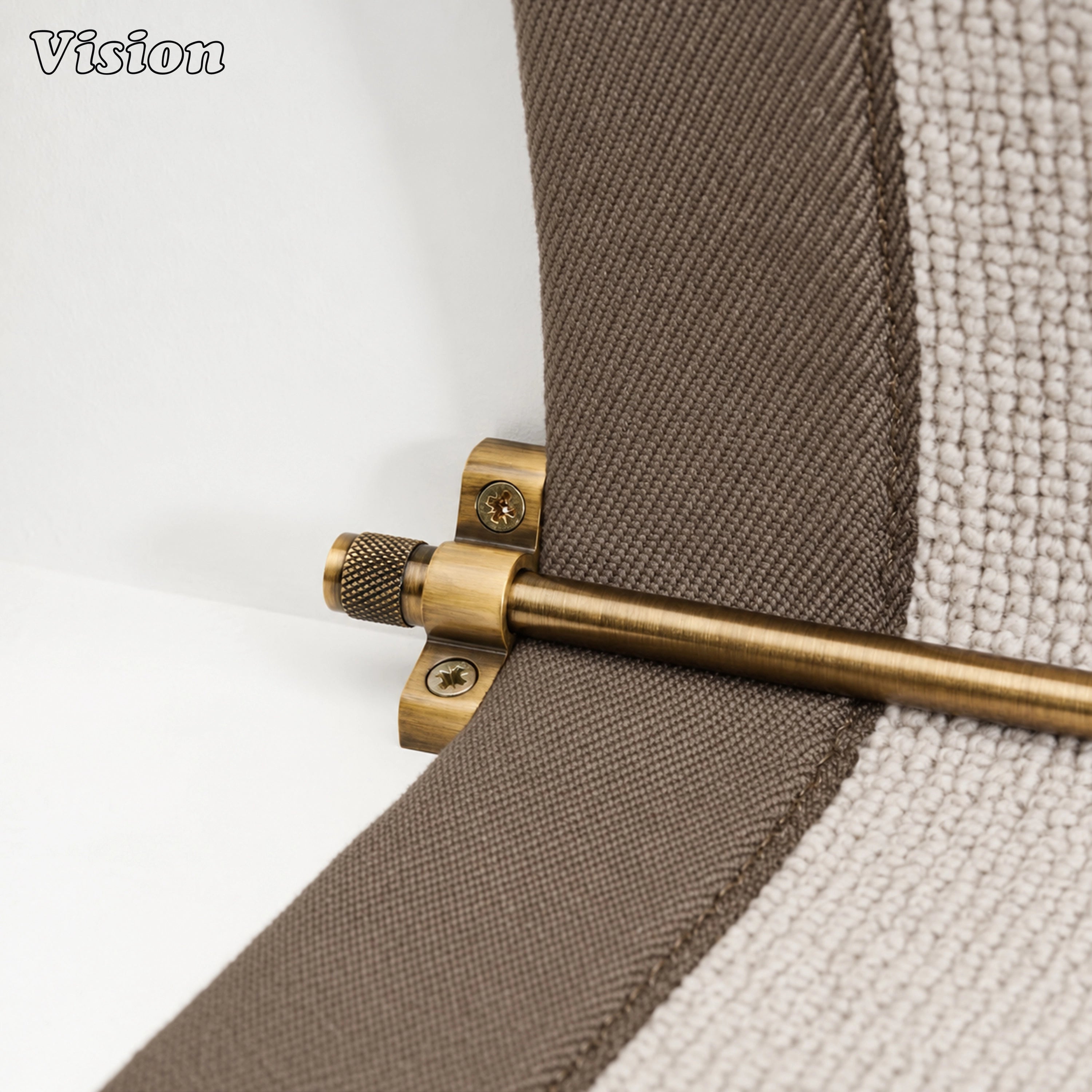 Antique bronze artisanal carpet rod with smooth bar and knurled details on custom staircase runners