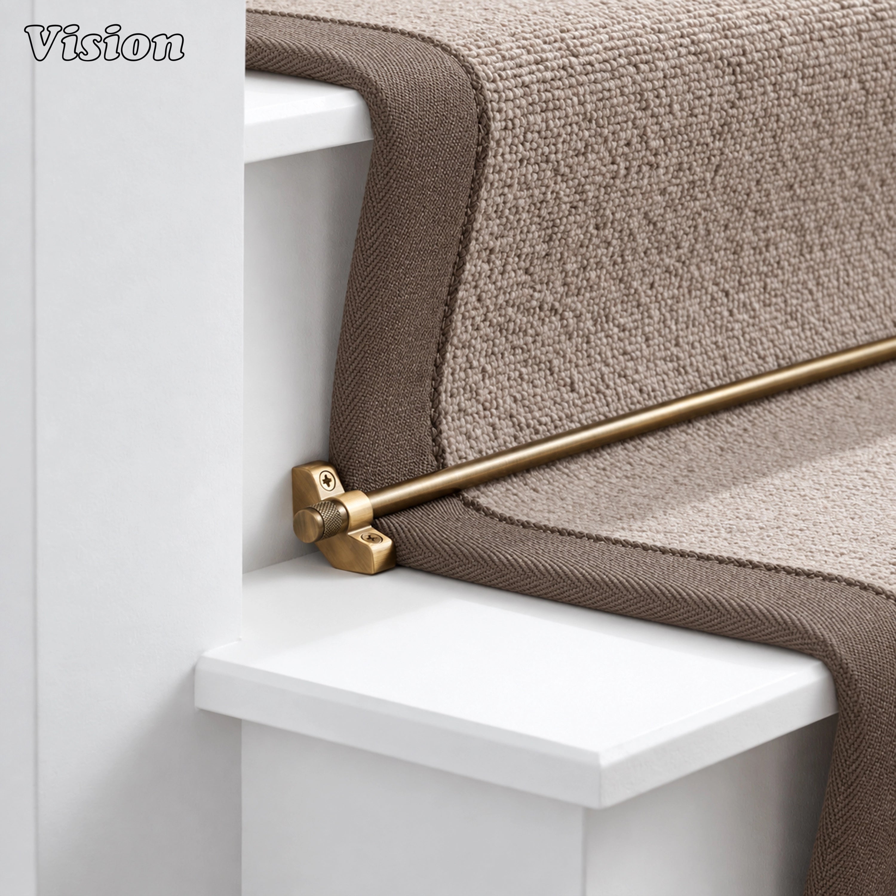 Architectural antique bronze stair carpet rod featuring knurled end caps on residential stairs