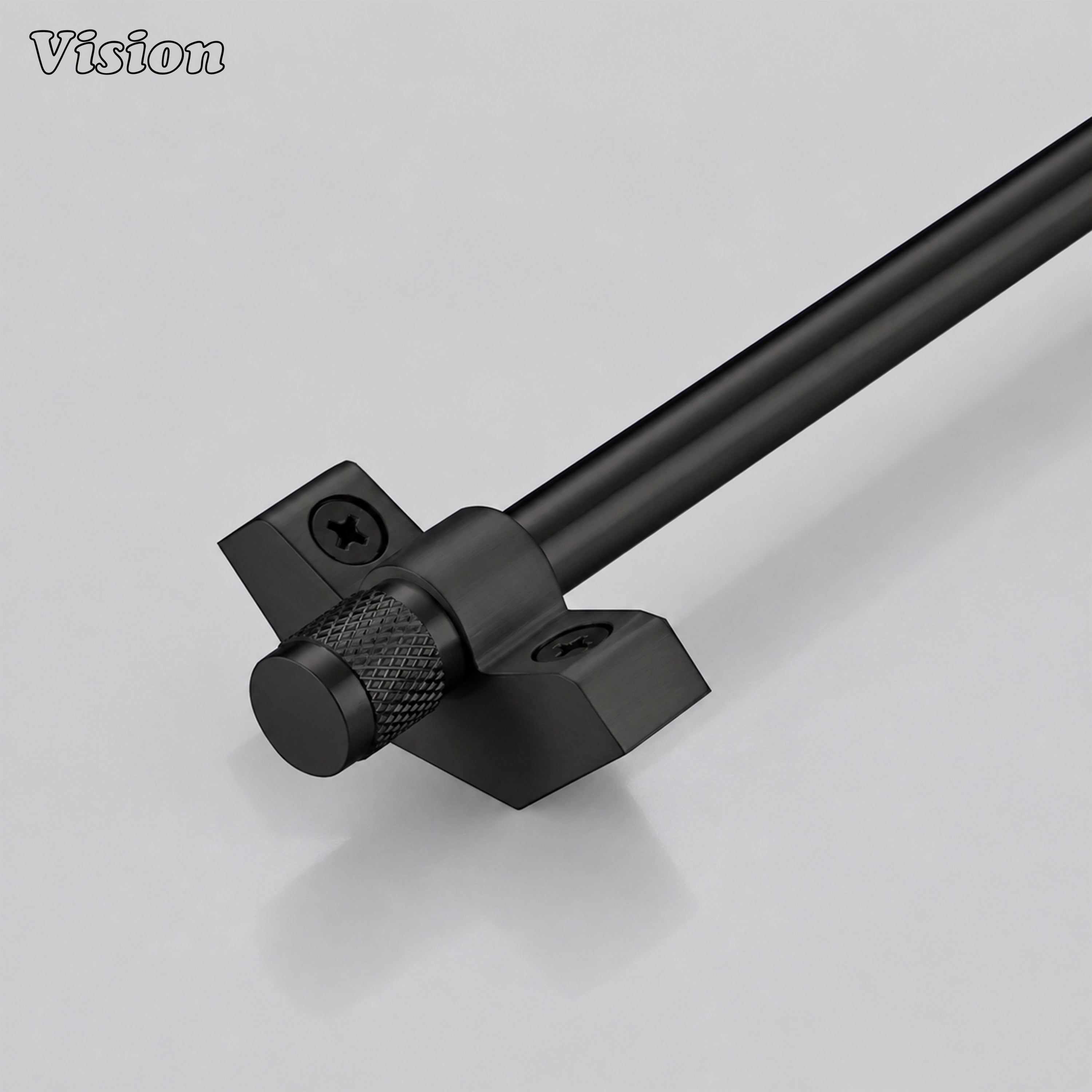 Black handcrafted stair rod runner with smooth cylindrical bar and knurled finials on carpeted wooden stairs